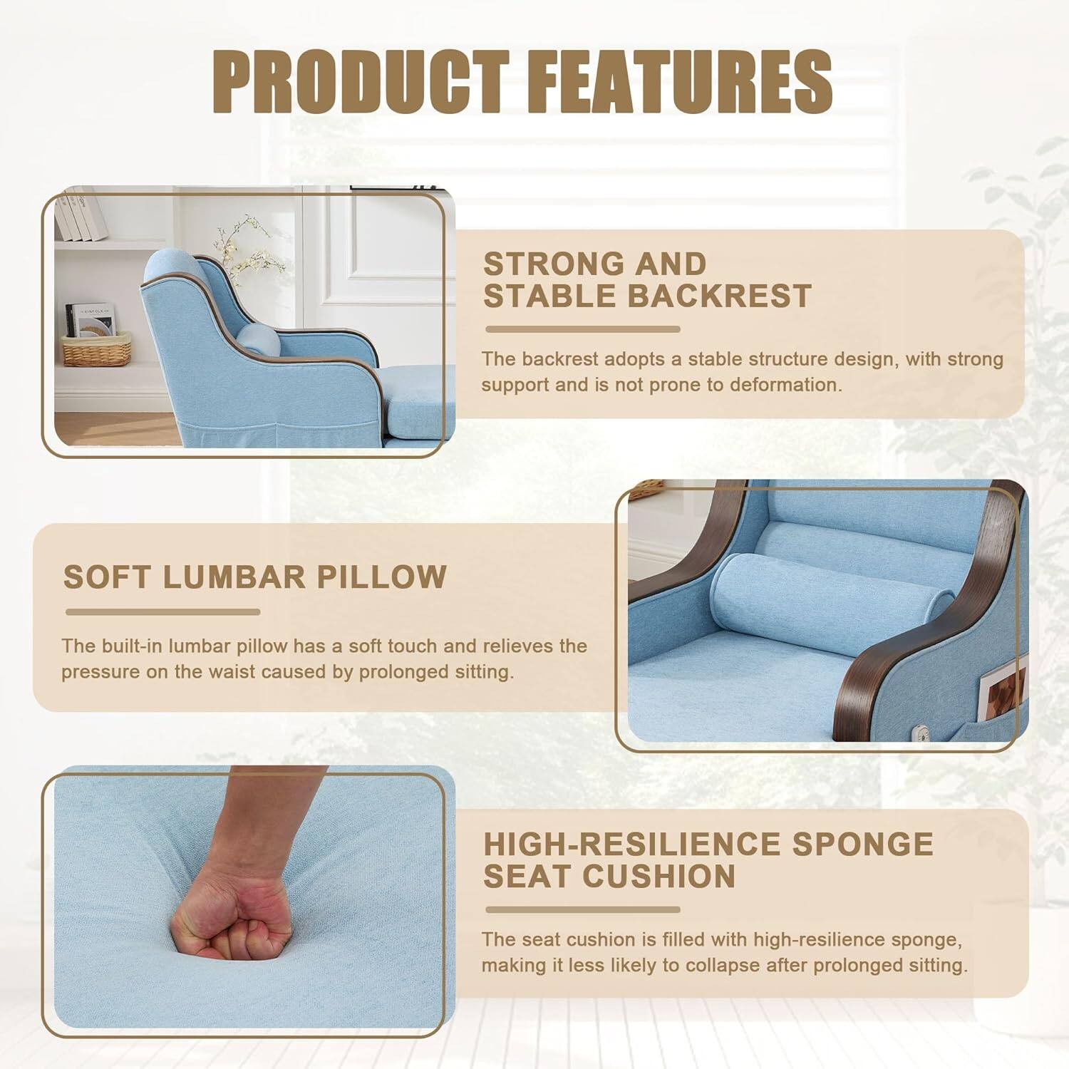 PRODUCT FEATURES

STRONG AND STABLE BACKREST  
The backrest adopts a stable structure design, with strong support and is not prone to deformation.

SOFT LUMBAR PILLOW  
The built-in lumbar pillow has a soft touch and relieves the pressure on the waist caused by prolonged sitting.

HIGH-RESILIENCE SPONGE SEAT CUSHION  
The seat cushion is filled with high-resilience sponge, making it less likely to collapse after prolonged sitting.