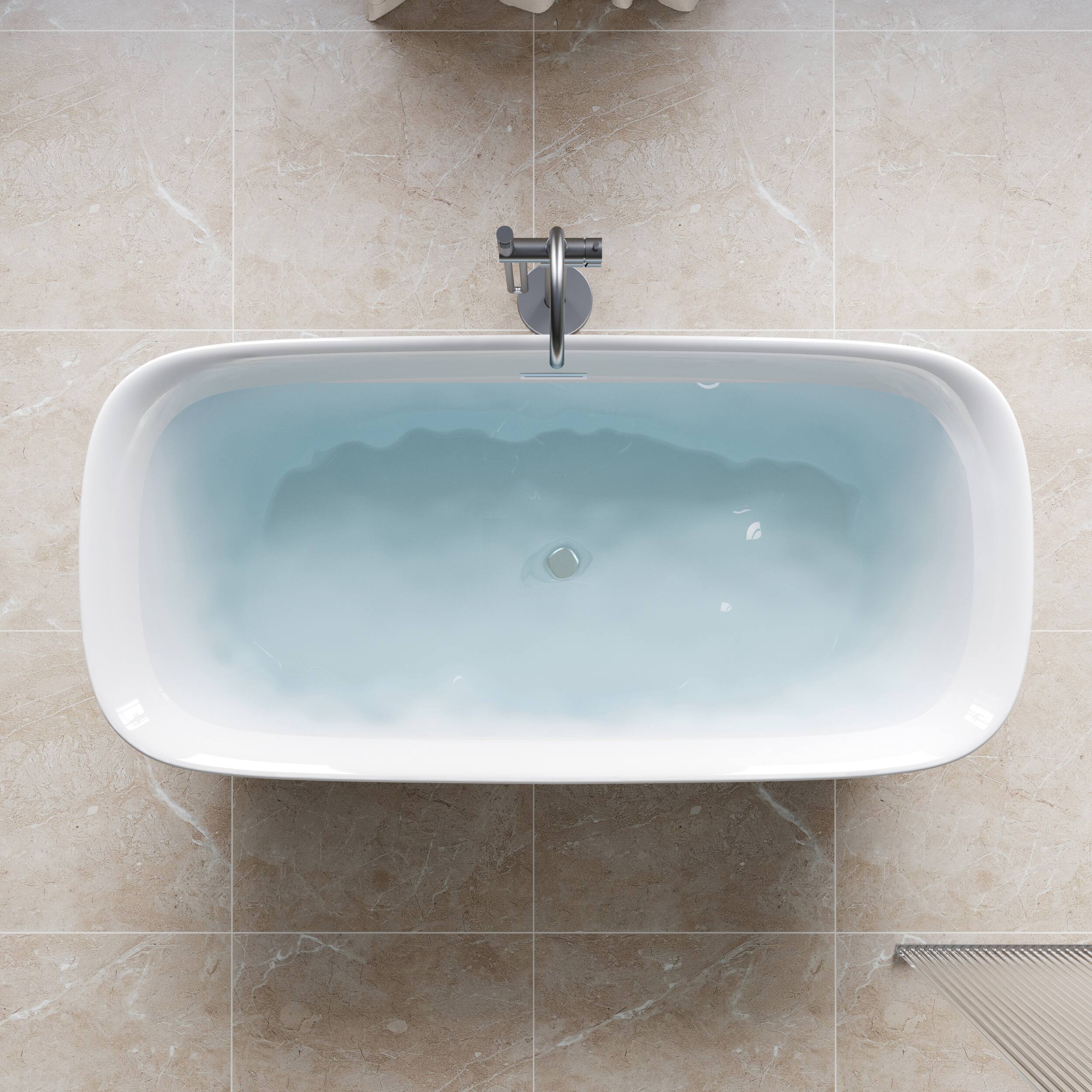 Angle. WELLFOR - Tivor 67 in. x 31.5 in. Acrylic Freestanding Soaking Bathtub with Center Drain and Overflow - White.