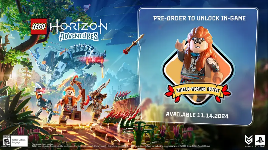 LEGO Horizon Adventures Pre-order to unlock in-game Shield-Weaver outfit. Available 11.14.2024. Fantasy Violence, Language. ESRB. Game progression required. D2024. Sany Interactive Entertainment Europe. Horizon Adventures is a trademark of Sony Interactive Entertainment LLC. LEGO and the Minifigure are trademarks and/or copyrights of the LEGO Group.