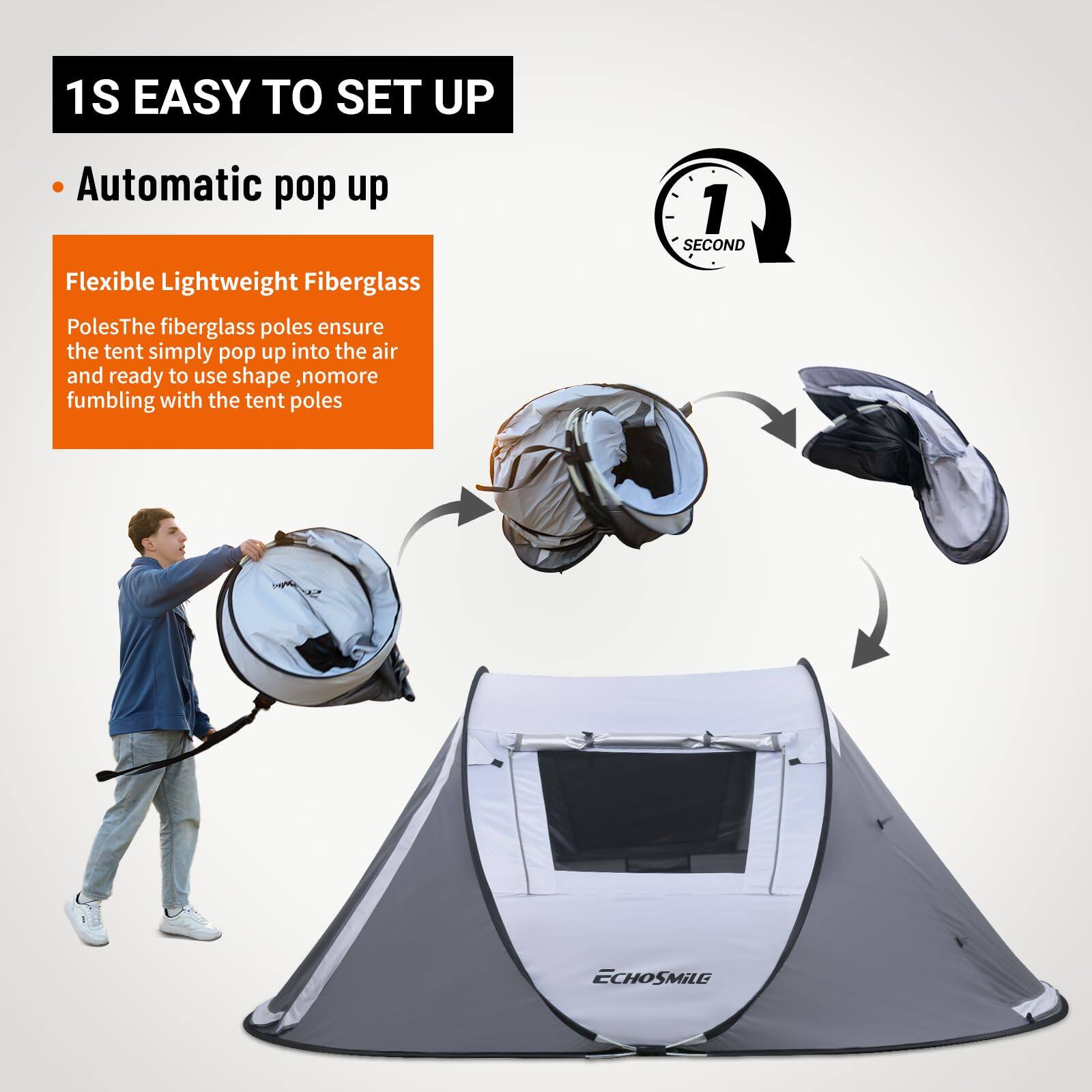 1 Second Easy to Set Up Automatic Pop Up Flexible Lightweight Fiberglass Poles. The fiberglass poles ensure the tent simply pops up into the air and ready to use shape, no more fumbling with the tent poles.