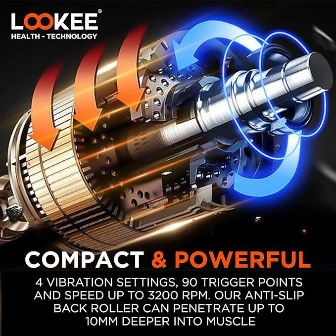 LOOKEE HEALTH - TECHNOLOGY

COMPACT & POWERFUL

4 VIBRATION SETTINGS, 9 TRIGGER POINTS AND SPEED UP TO 3200 RPM. OUR ANTI-SLIP BACK ROLLER CAN PENETRATE UP TO 10MM DEEPER INTO MUSCLE.