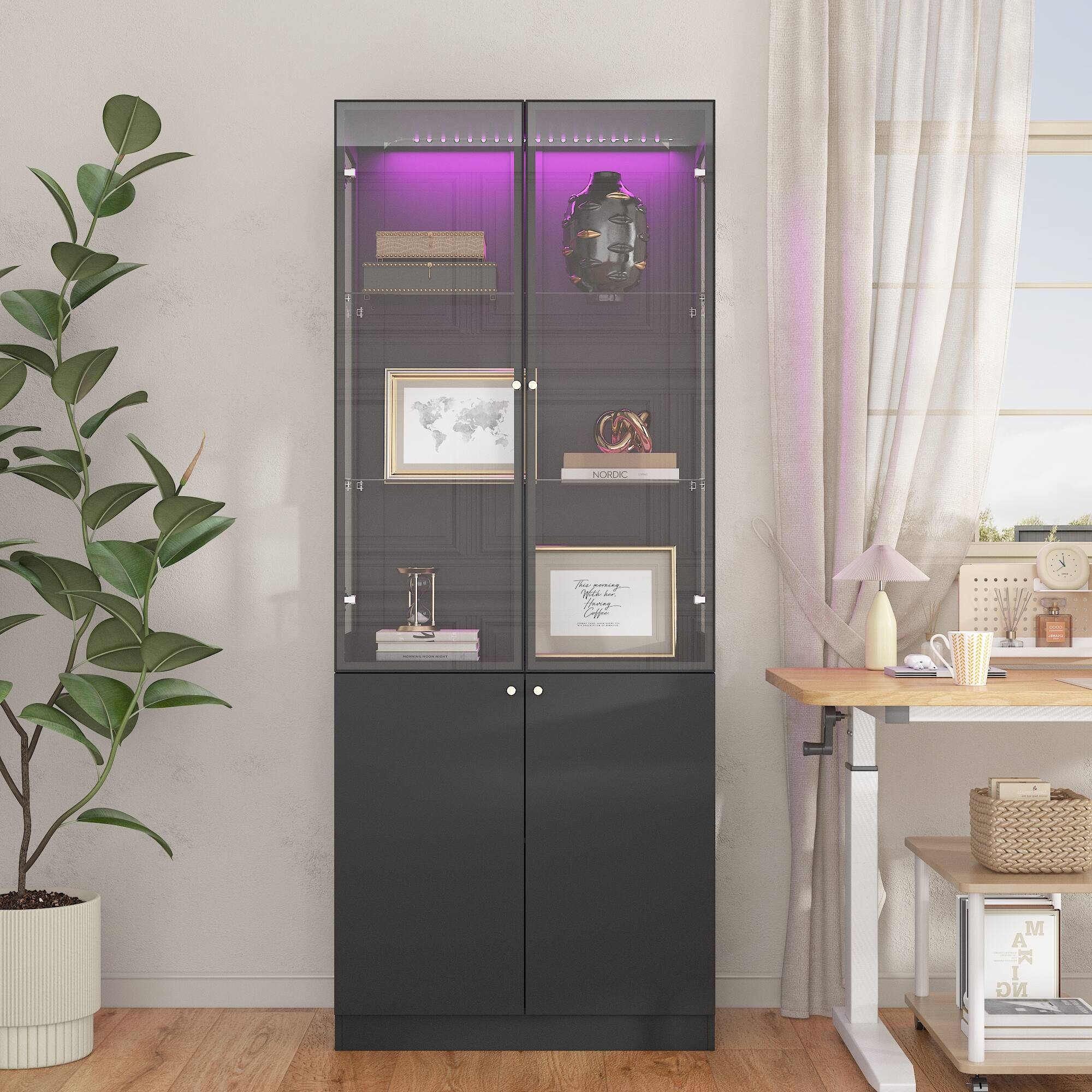 Angle. Famapy - Multi-Functional Glass Display Cabinet with LED Lighting, Adjustable Shelves, Drawers & Versatile Storage - Black.