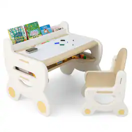 Costway - Kids Drawing Table & Chair Set for Reading Playing with Pens & Blackboard Eraser - Brown+White