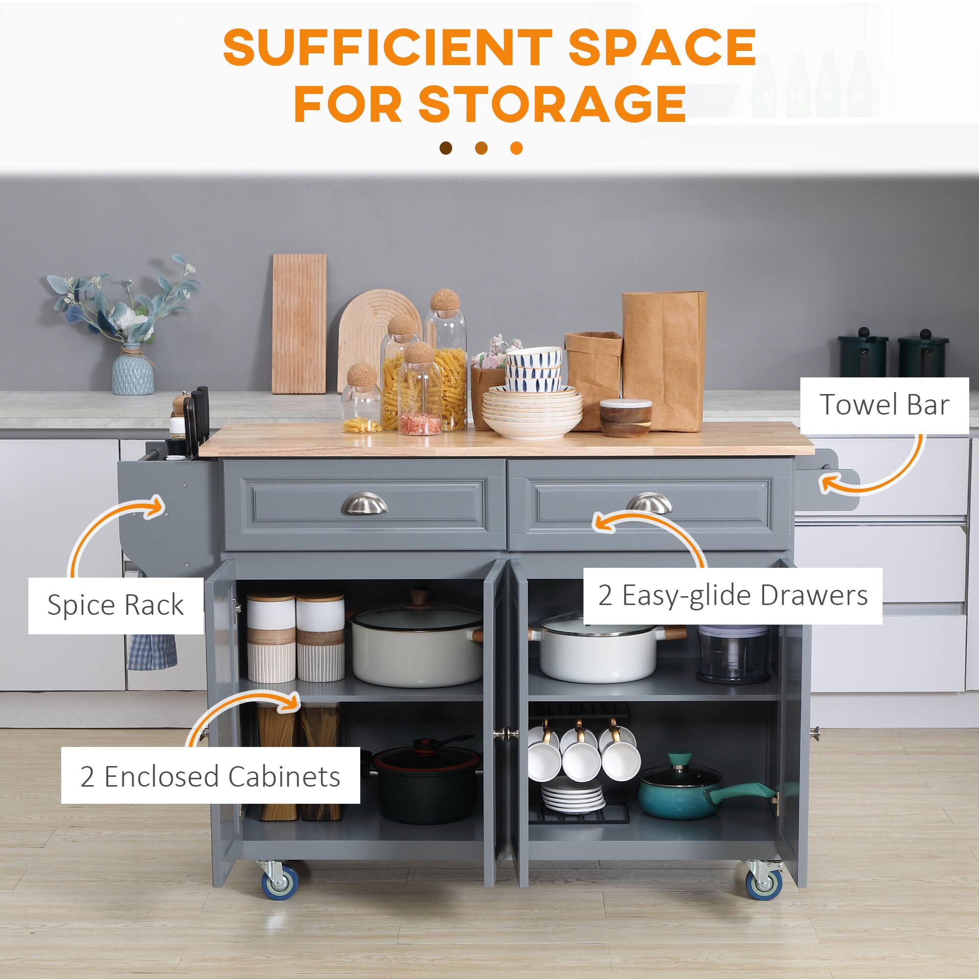 SUFFICIENT SPACE FOR STORAGE ... Towel Bar, Spice Rack, 2 Easy-glide Drawers, 2 Enclosed Cabinets