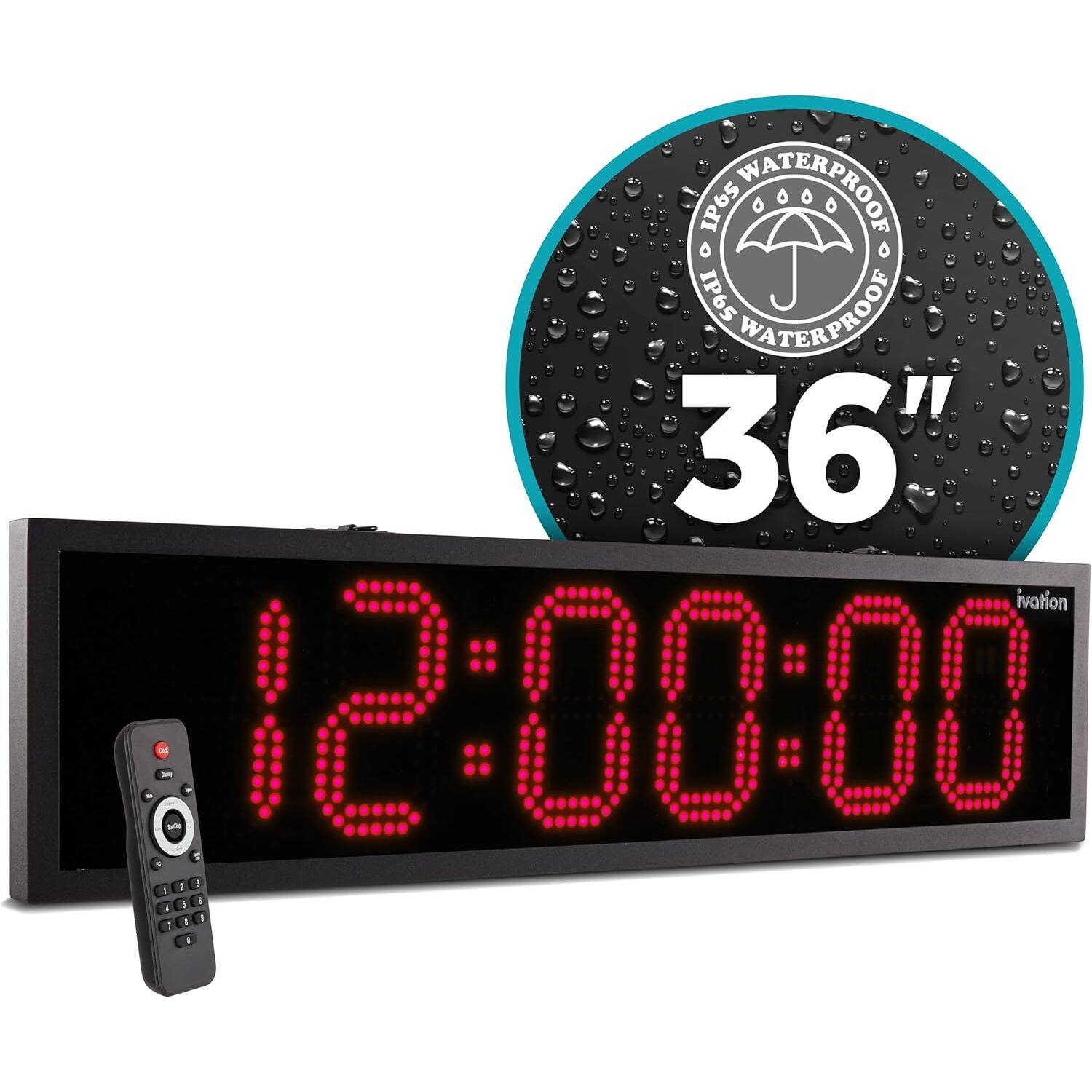 Ivation - 36" Waterproof Large Digital Clock, Outdoor Large LED Clock with Stopwatch, Alarms & More - Red