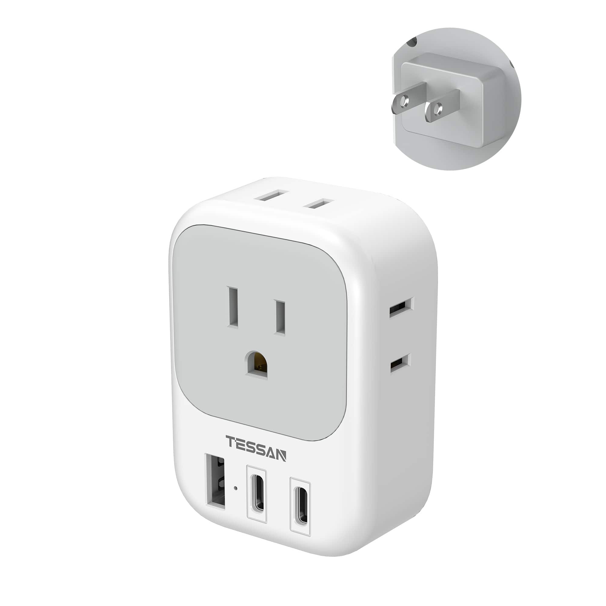 TESSAN - 2 Prong to 3 Prong Outlet Adapter, US to Japan Travel Plug Adapter with 4 AC Outlets and 3 USB Ports (2 USB C) - Gray, White