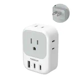 TESSAN - 2 Prong to 3 Prong Outlet Adapter, US to Japan Travel Plug Adapter with 4 AC Outlets and 3 USB Ports (2 USB C) - Gray, White