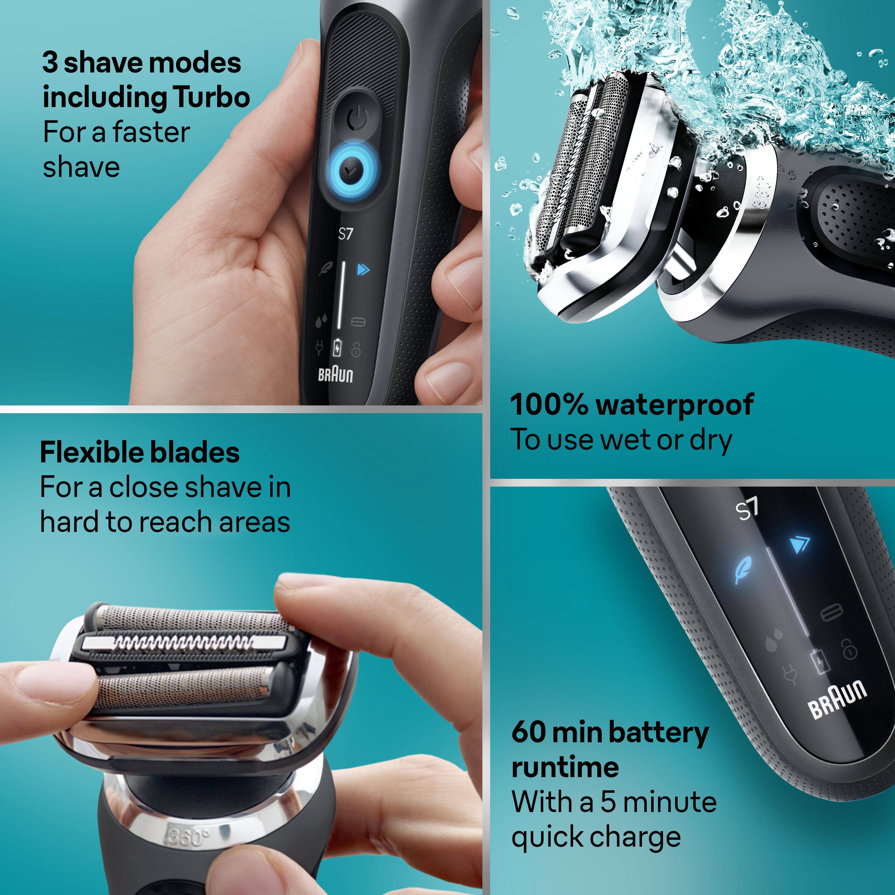 3 shave modes including Turbo  
For a faster shave  

Flexible blades  
For a close shave in hard to reach areas  

100% waterproof  
To use wet or dry  

60 min battery runtime  
With a 5 minute quick charge