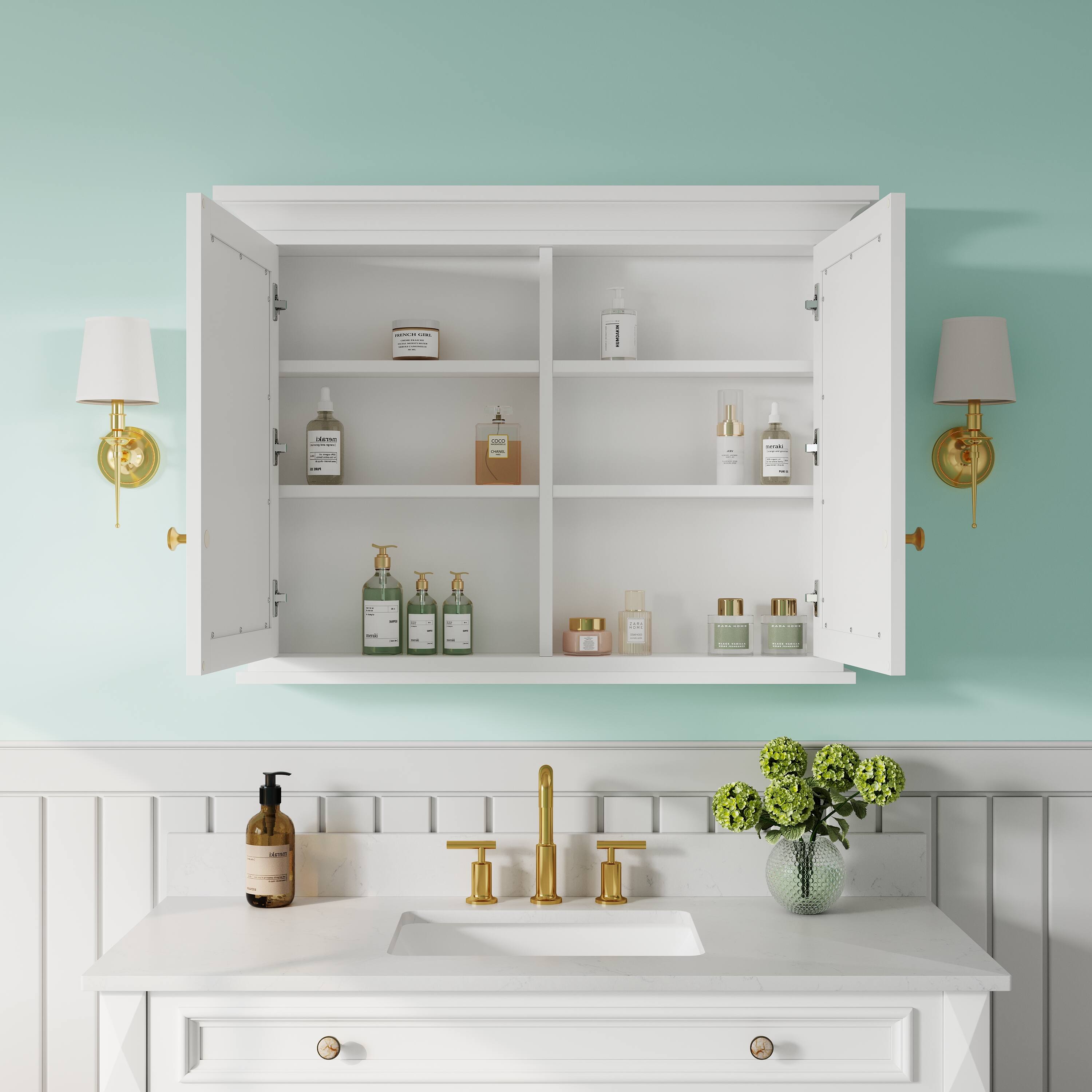 Angle. WELLFOR - 40 in. W x 30 in. H Solid Wood Rectangular Surface Mount Medicine Cabinet with Mirror, Soft Close Door - White.
