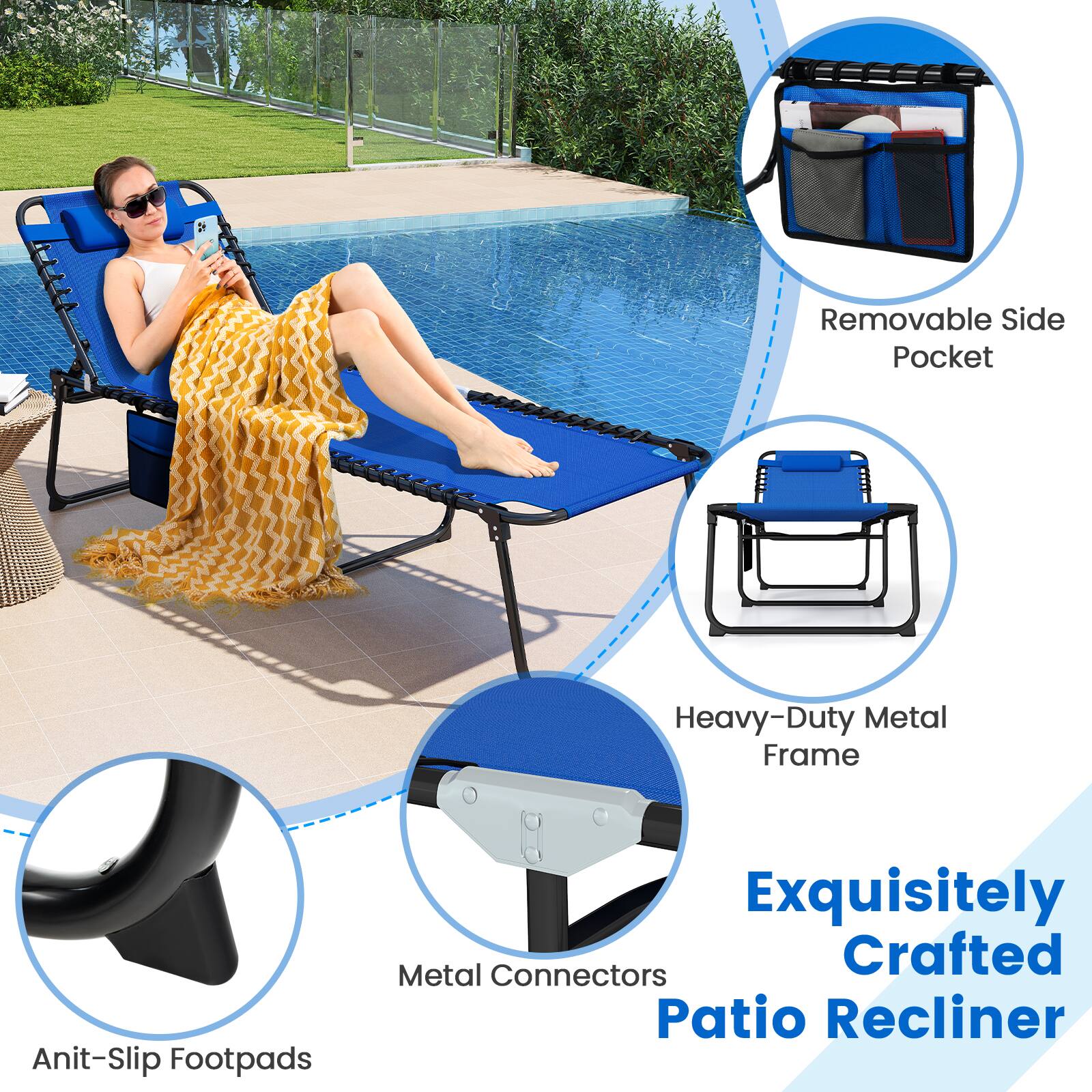 Exquisitely Crafted Patio Recliner, Heavy-Duty Metal Frame, Metal Connectors, Removable Side Pocket, Anti-Slip Footpads