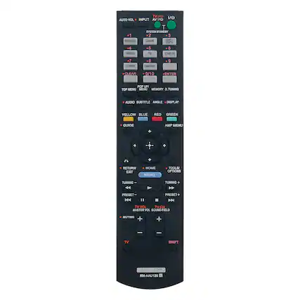 AUTO VOL
INPUT
1 BD/DVD
2 GAME
3 TV
4 VIDEO
5 TV
6 LINE IN
7 TUNER
8 DMP
9 CLEAR
0/10 ENTER
TOP MENU
POE UP
AUDIO SUBTITLE
ANGLE DISPLAY
YELLOW BLUE
RED GREEN
GUIDE
RETURN EXIT
HOME MENU
TOOLS/OPTIONS
TUNING -
PRESET -
TV VOL
MASTER VOLUME
MUTING
TV CH
SYSTEM
AV SYSTEM
RM-AAU120