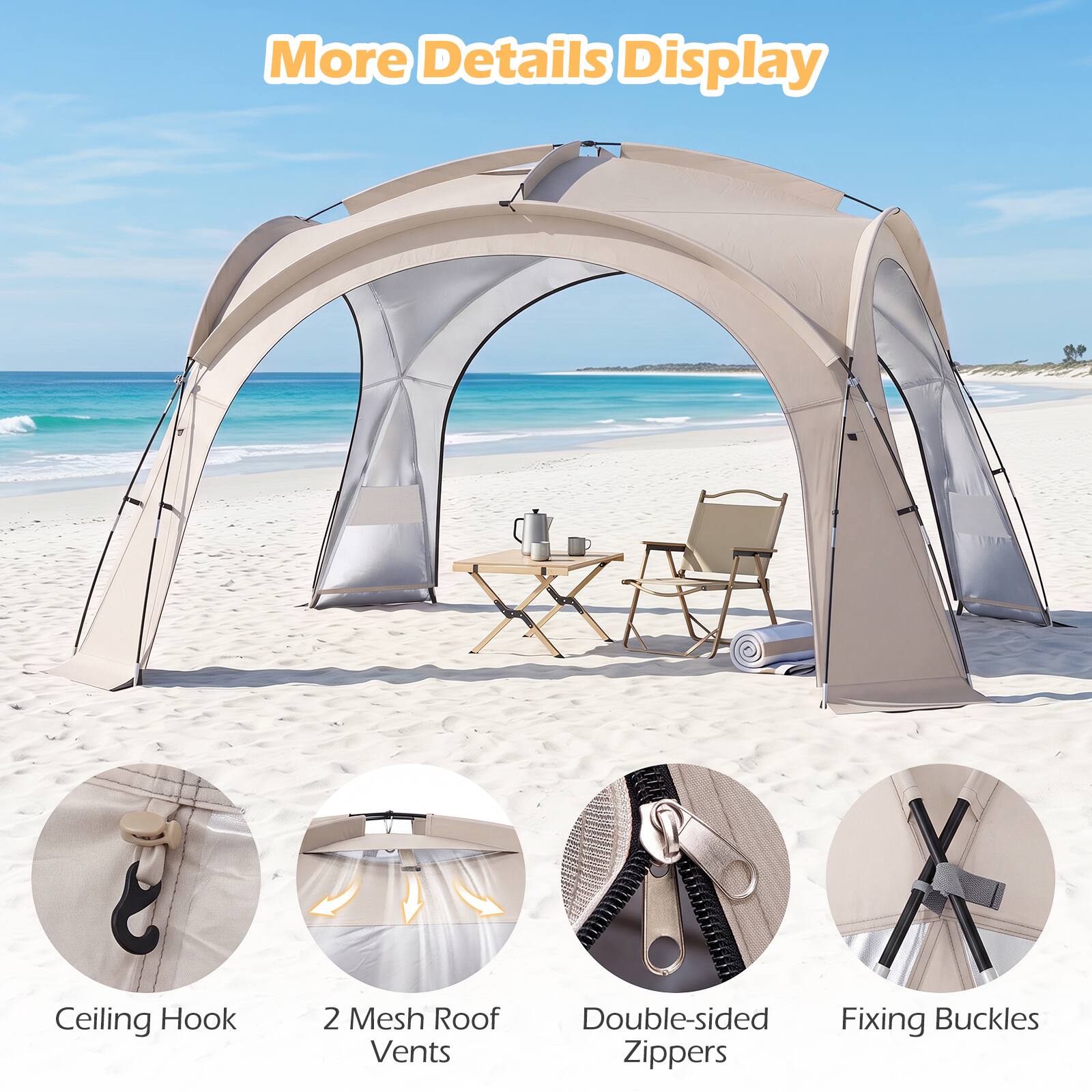 More Details Display

Ceiling Hook

2 Mesh Roof Vents

Double-sided Fixing Buckles Zippers