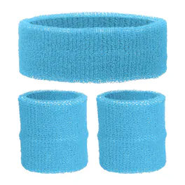 Unique Bargains - Sweatband Set, 1pc Headband + 2pcs Wristbands Moisture Wicking Breathable Athletic Bands 3pcs for Sports - Sky Blue