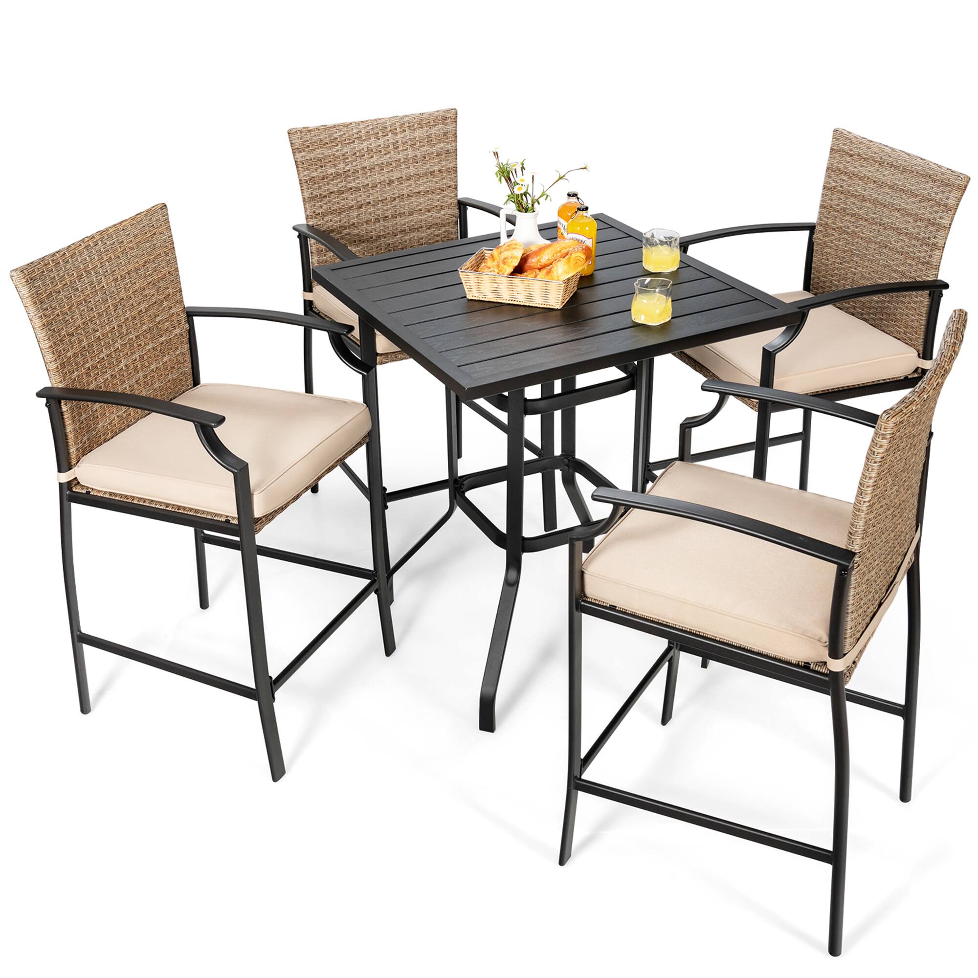 Alt View 1. Gymax - Gymax 5PCS Patio Bar Stool & Table Set Outdoor Bistro Furniture Set w/ Cushions - Brown + Beige + Black.