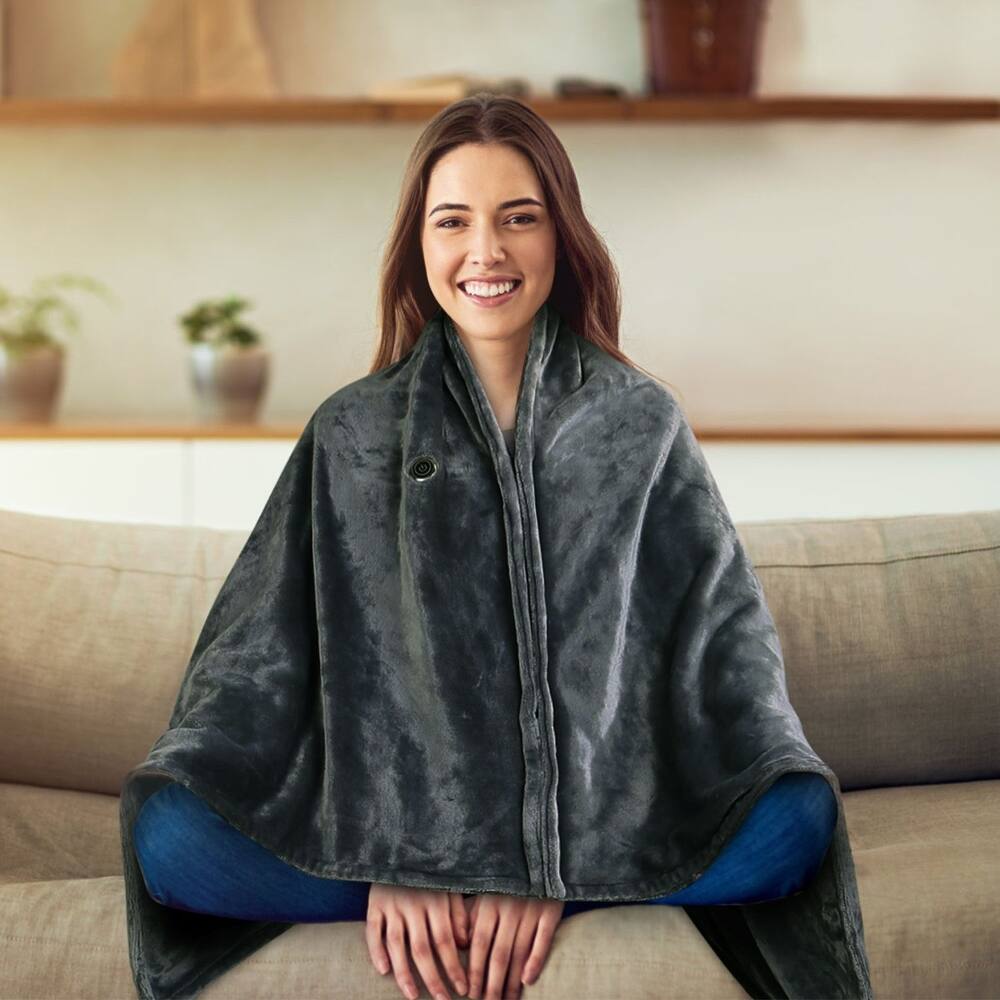 Alt View 7. Loheer - Loheer Wearable Heated Poncho with Zipper USB Blanket 59x31in - Grey.