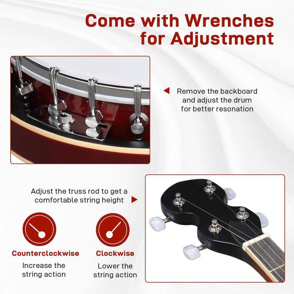 Come with Wrenches for Adjustment

- Remove the backboard and adjust the drum for better resonance
- Adjust the truss rod to get a comfortable string height

Counter-Clockwise: Increase the string action  
Clockwise: Lower the string action