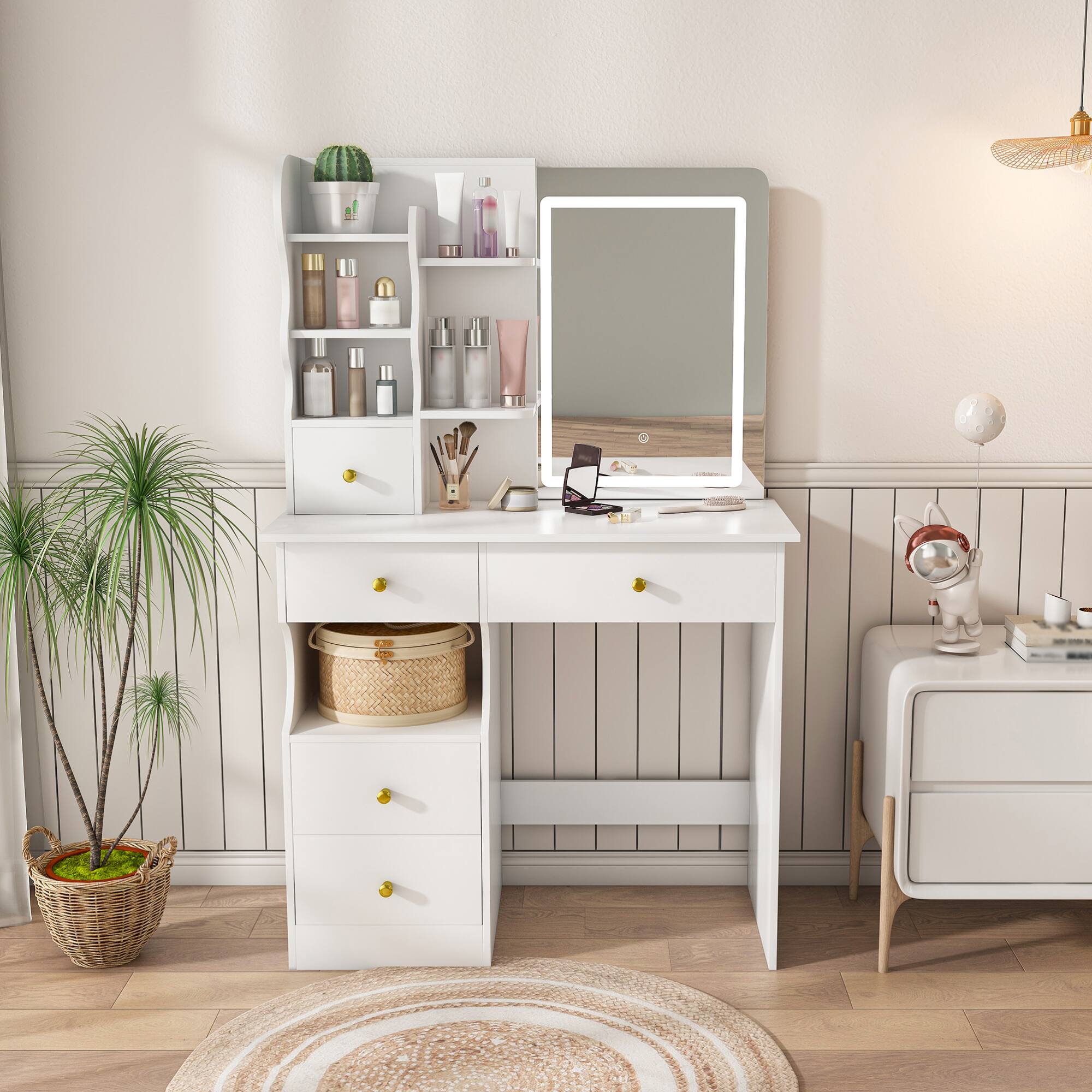 Front. GOODSILO - Elegant White Dressing Table with LED Mirror and Storage Drawers for Women and Girls Bedrooms - White.