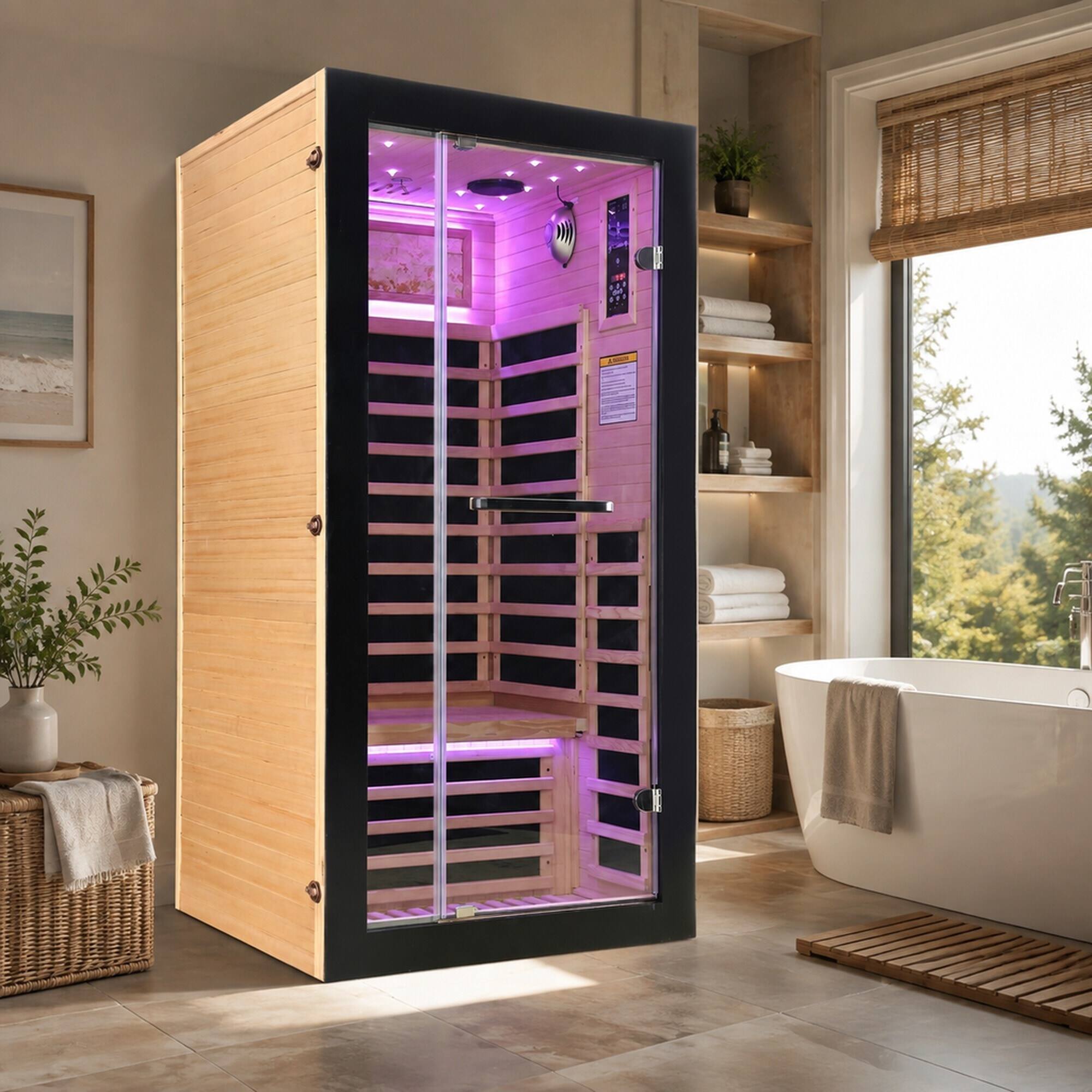 Back. RYHNUYNE - Single-Person Hemlock Sauna, 90 x 90 x 180 cm, 1450W Carbon Plate Heaters, Starry Sky Ceiling Light, 7 Heating Plates - Ameican White Oak.