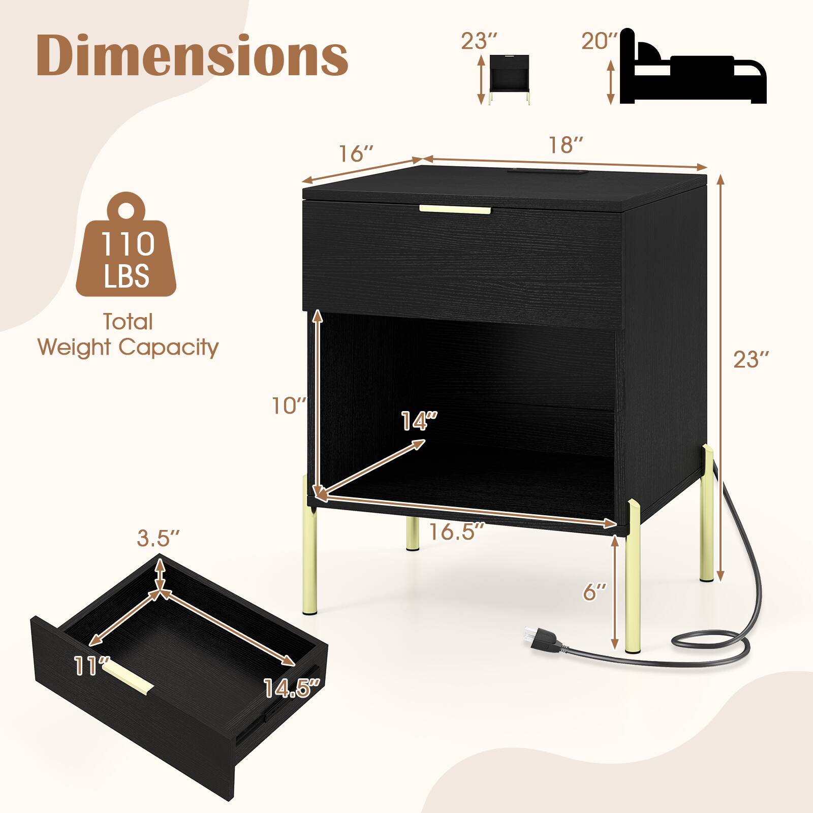 Dimensions: 23" x 20" x 16"  
Total Weight Capacity: 110 LBS  
Dimensions: 23" x 10" x 14" x 3.5" x 16.5" x 6" x 11" x 14.5"
