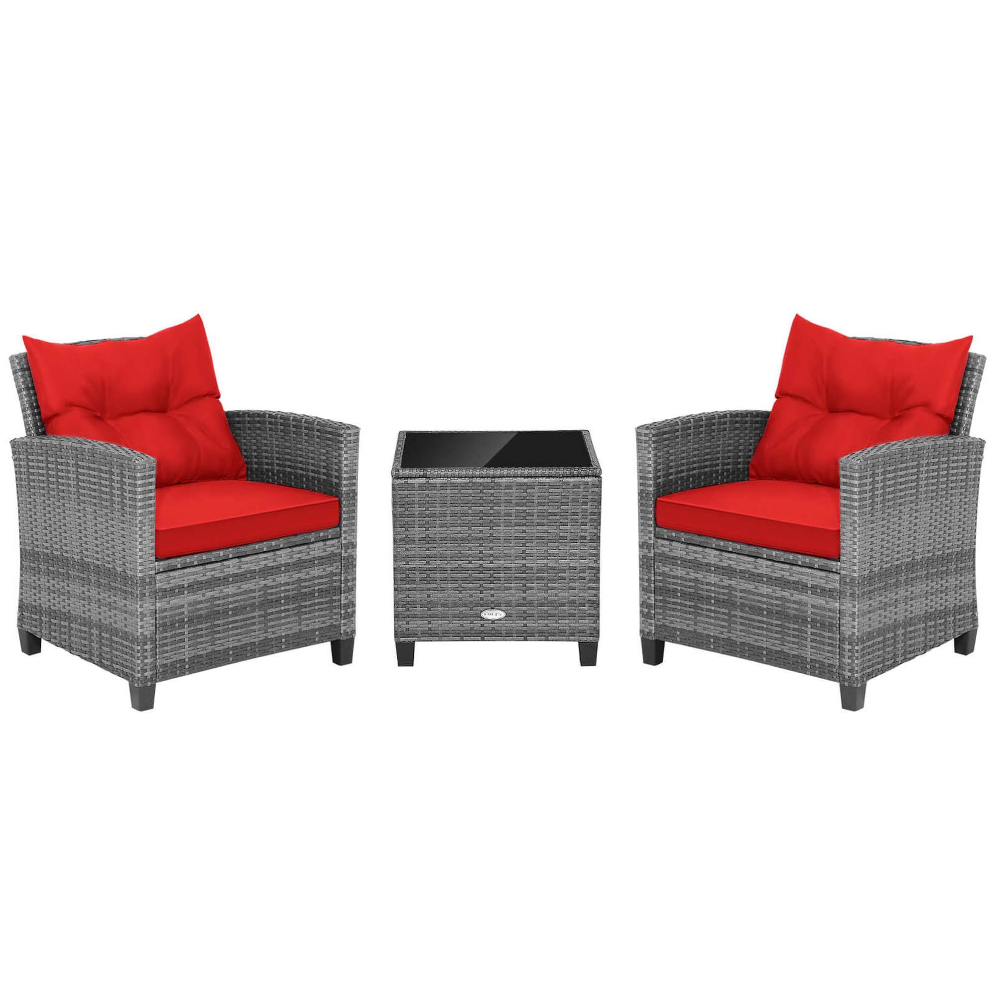 Alt View 9. Costway - 3 PCS Patio Rattan Furniture Bistro Set Cushioned Sofas Side Table Armrest - Grey + Red.