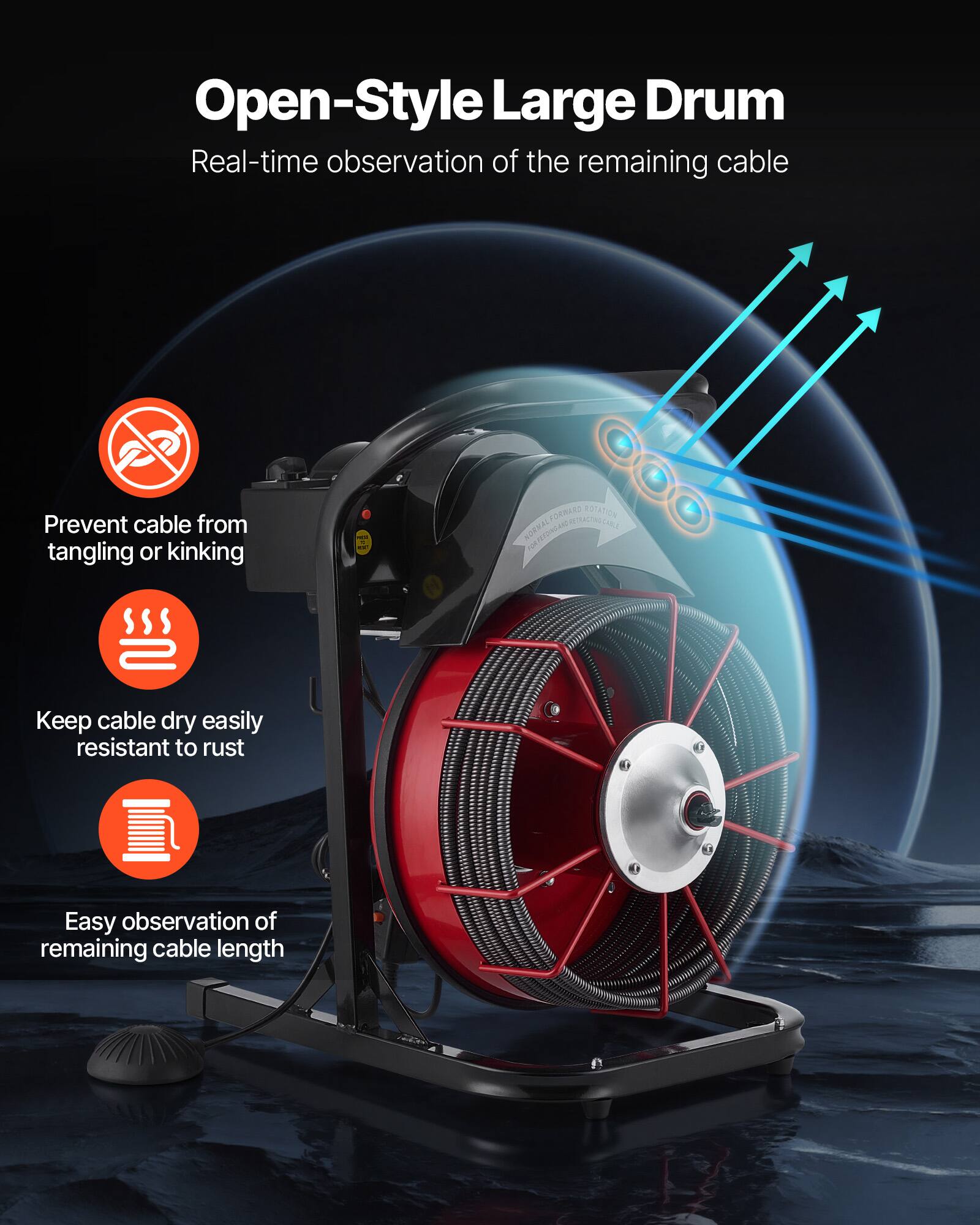 Open-Style Large Drum  
Real-time observation of the remaining cable  

- Prevent cable from tangling or kinking  
- Keep cable dry easily resistant to rust  
- Easy observation of remaining cable length