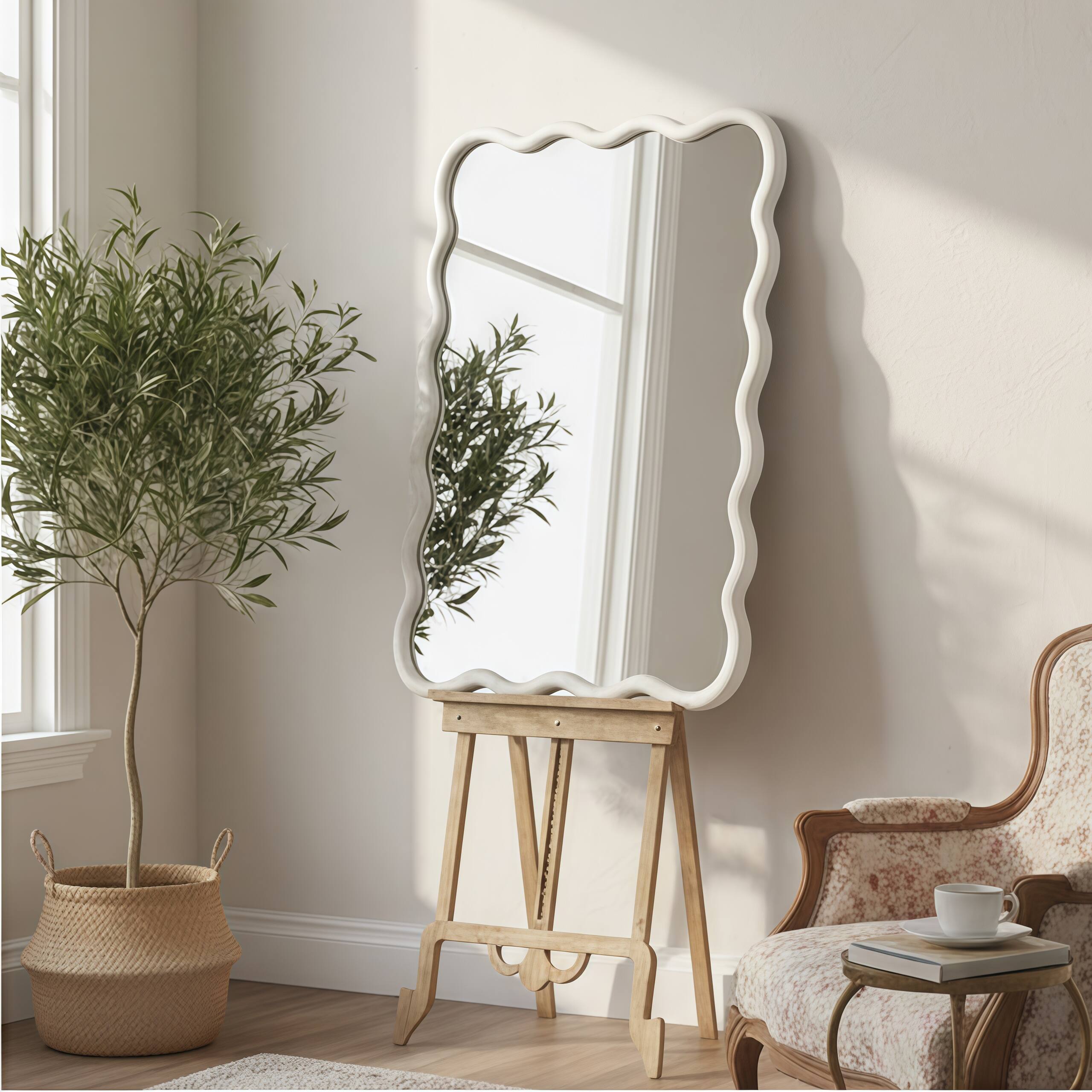 Angle. Z-Edge - Wavy Wood Bathroom Vanity Mirror, 24"x36" Boho Decorative Wall Mirror with Solid Wood Frame for Living Room, Bedroom - White.