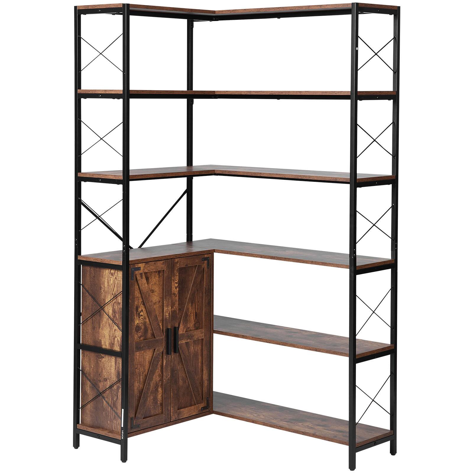 Alt View 5. VEVOR - 6 Tier 70" Tall Corner Bookshelf, with Storage Cabinet, 2 Barn Doors & 10 Storage Shelves, Reversible L Shaped Bookshelf - Brown.