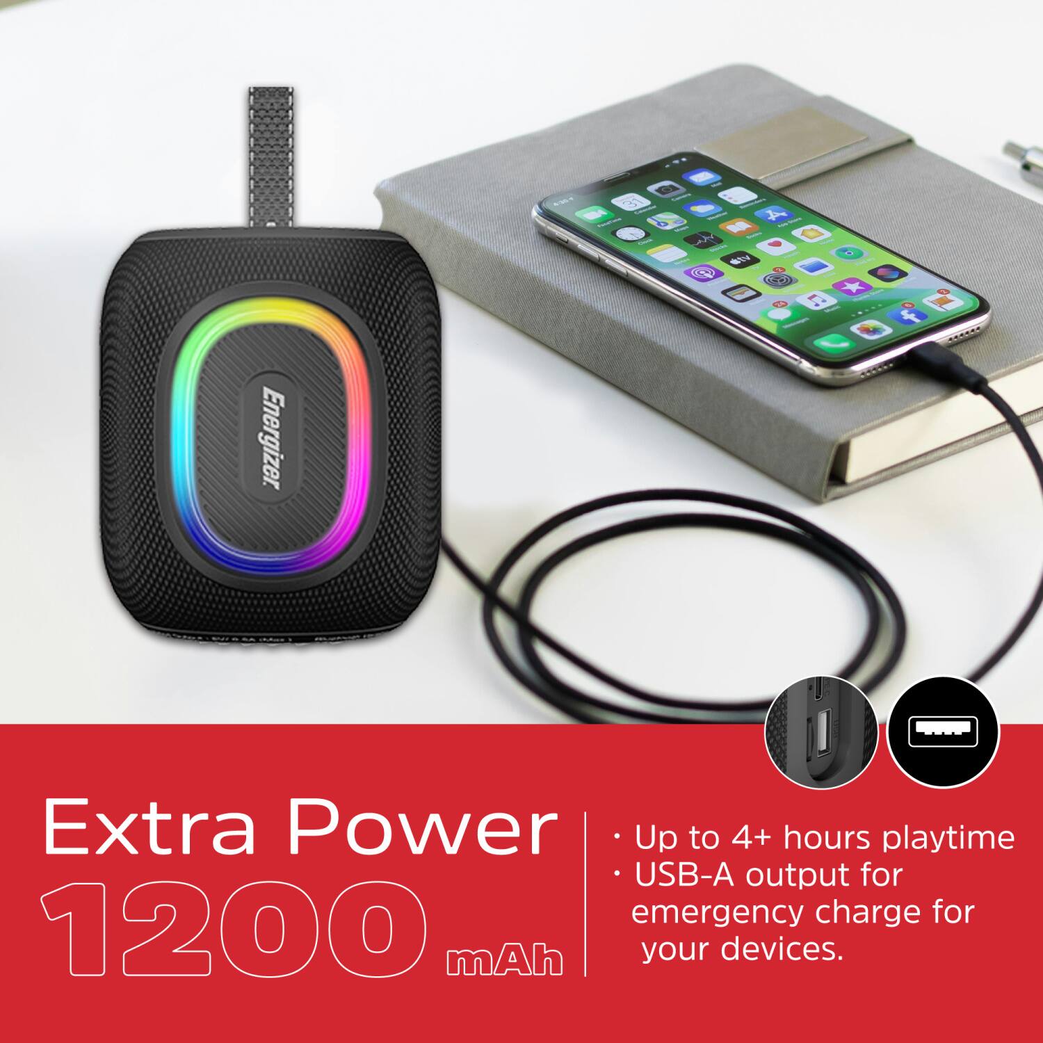 - Energizer
- Extra Power
- 1200 mAh
- Up to 4+ hours playtime
- USB-A output for emergency charge for your devices