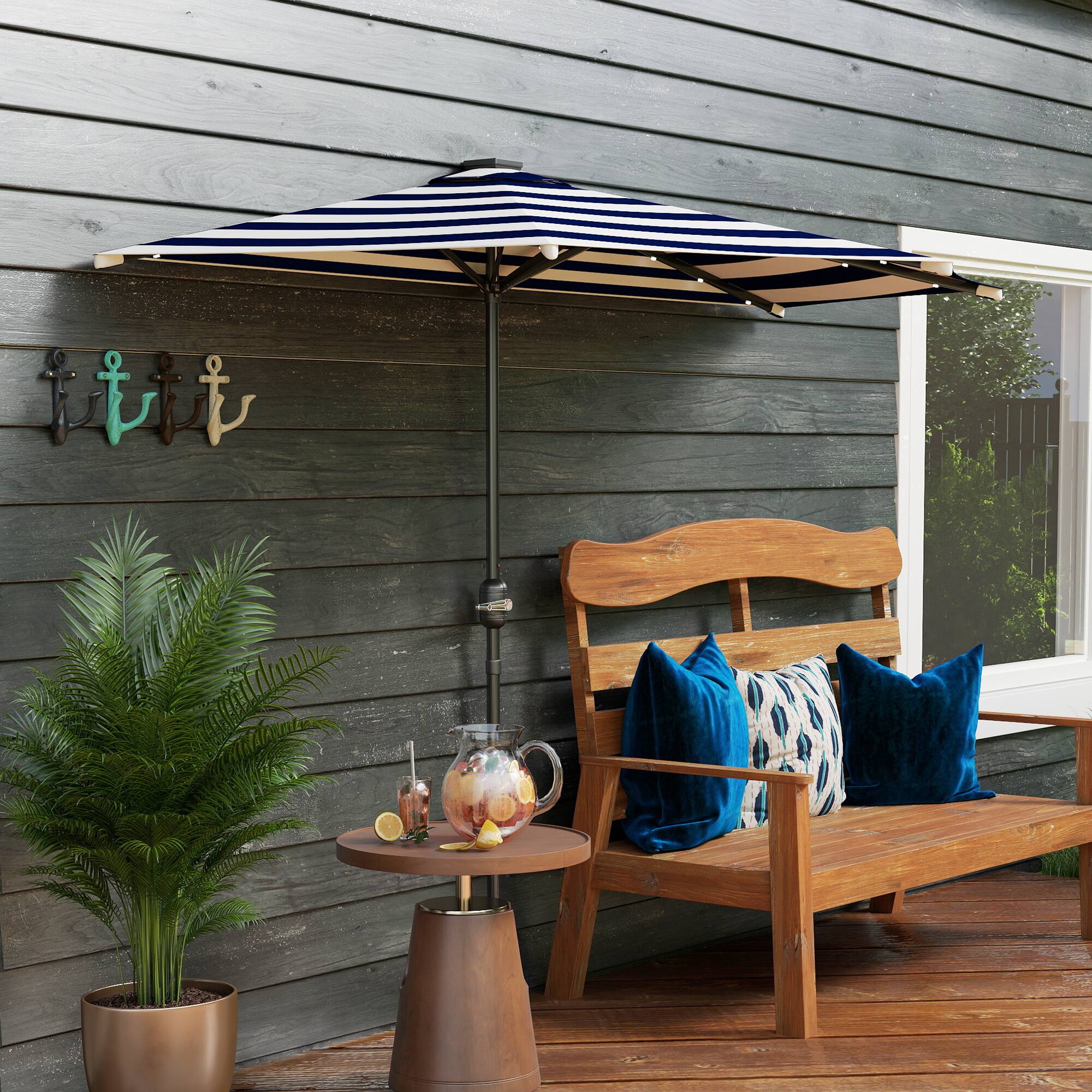 Angle. Outsunny - Half Outdoor Patio Umbrella, UPF 30+ Small Vented Half Patio Umbrella with Crank 8 Ribs - Navy Blue.
