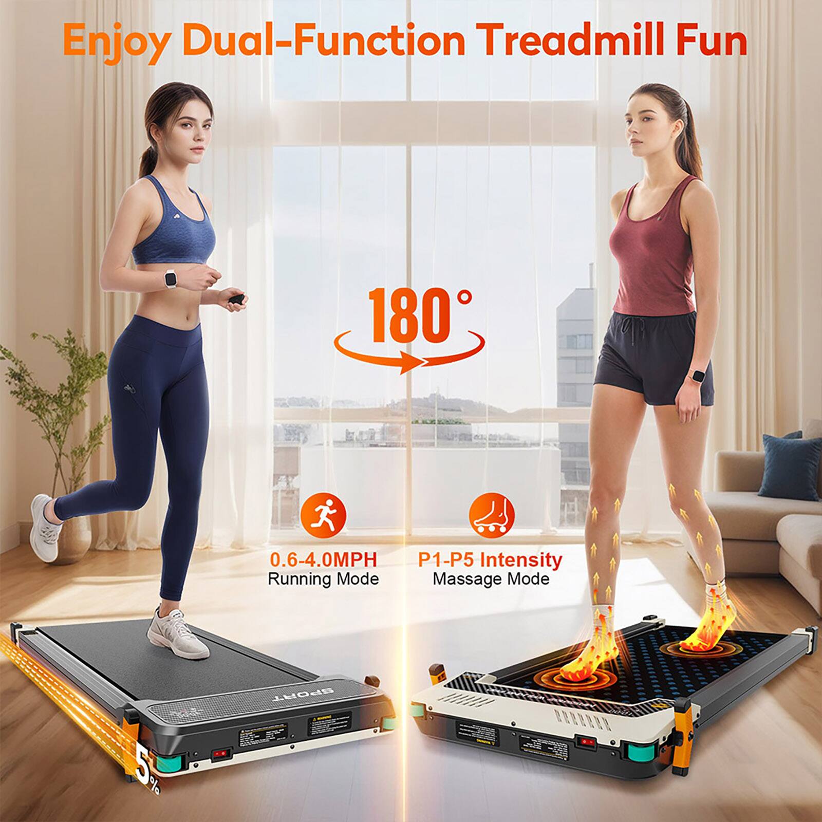 Enjoy Dual-Function Treadmill Fun with 180 0.6-4.0MPH P1-P5 Intensity Running Mode and Massage Mode.