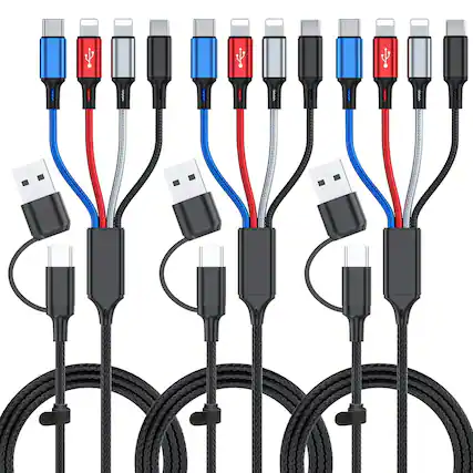 Front. MOSZAR LLC - 3-Pack 6FT 6-in-1 Multi Charging Cable – USB-A/C with 2x IP, Type-C, Micro USB Ports - Blue, Red, White, Black.