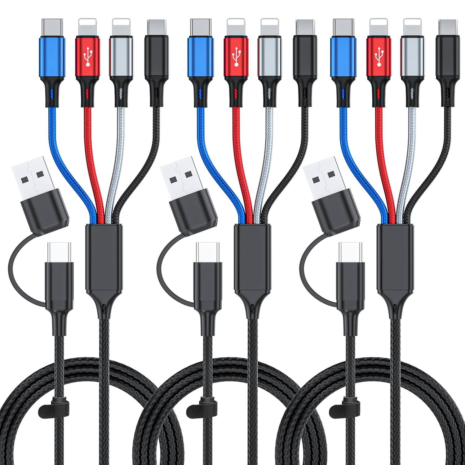 MOSZAR LLC - 3-Pack 6FT 6-in-1 Multi Charging Cable – USB-A/C with 2x IP, Type-C, Micro USB Ports - Blue, Red, White, Black