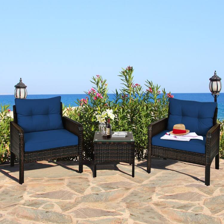 Back. Mondawe - 3 Piece Outdoor Patio Rattan Conversation Set with Seat Cushions for Garden - Navy.