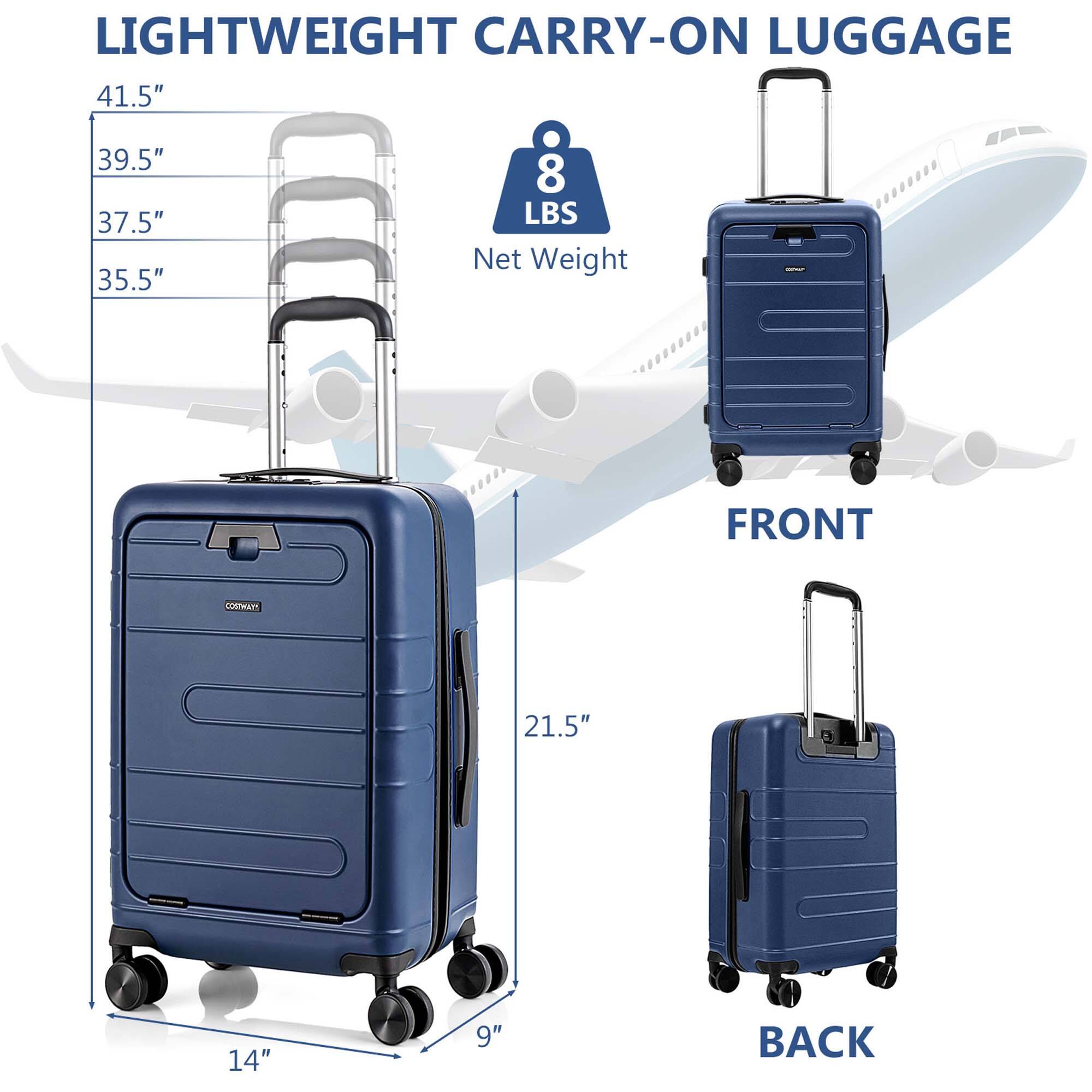 LIGHTWEIGHT CARRY-ON LUGGAGE: 41.5" 39.5" 37.5" 35.5" 8 LBS Net Weight. FRONT: 21.5" 14" 9" BACK.