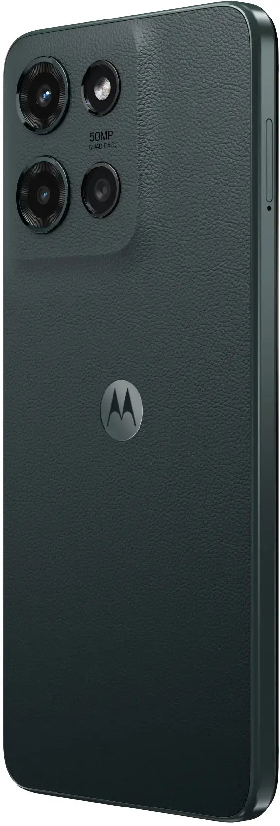 The image features a cell phone with a leather case and a 50MP quad-pixel camera.