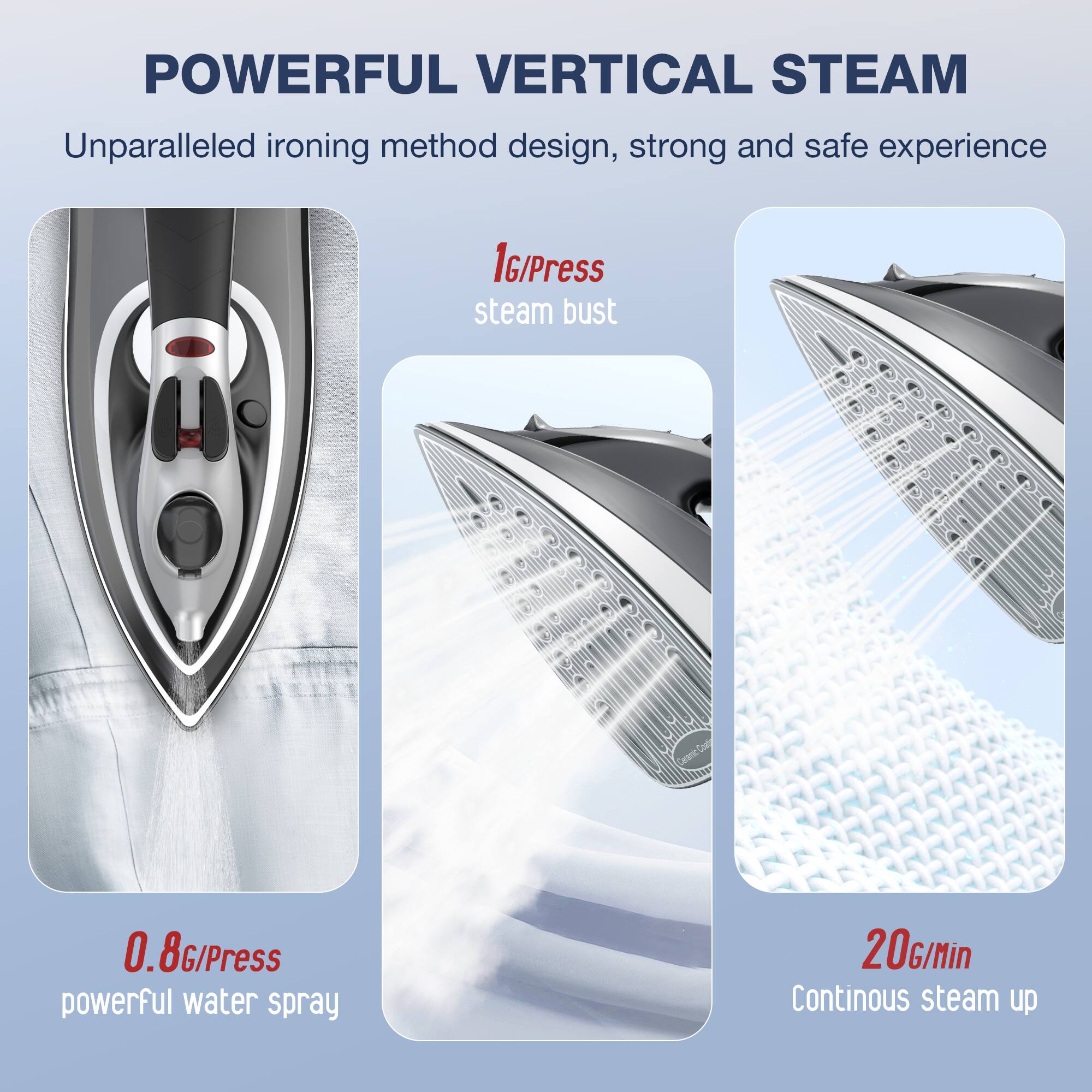POWERFUL VERTICAL STEAM
Unparalleled ironing method design, strong and safe experience
1G/Press steam bust
0.8G/Press powerful water spray
20G/Min Continous steam up