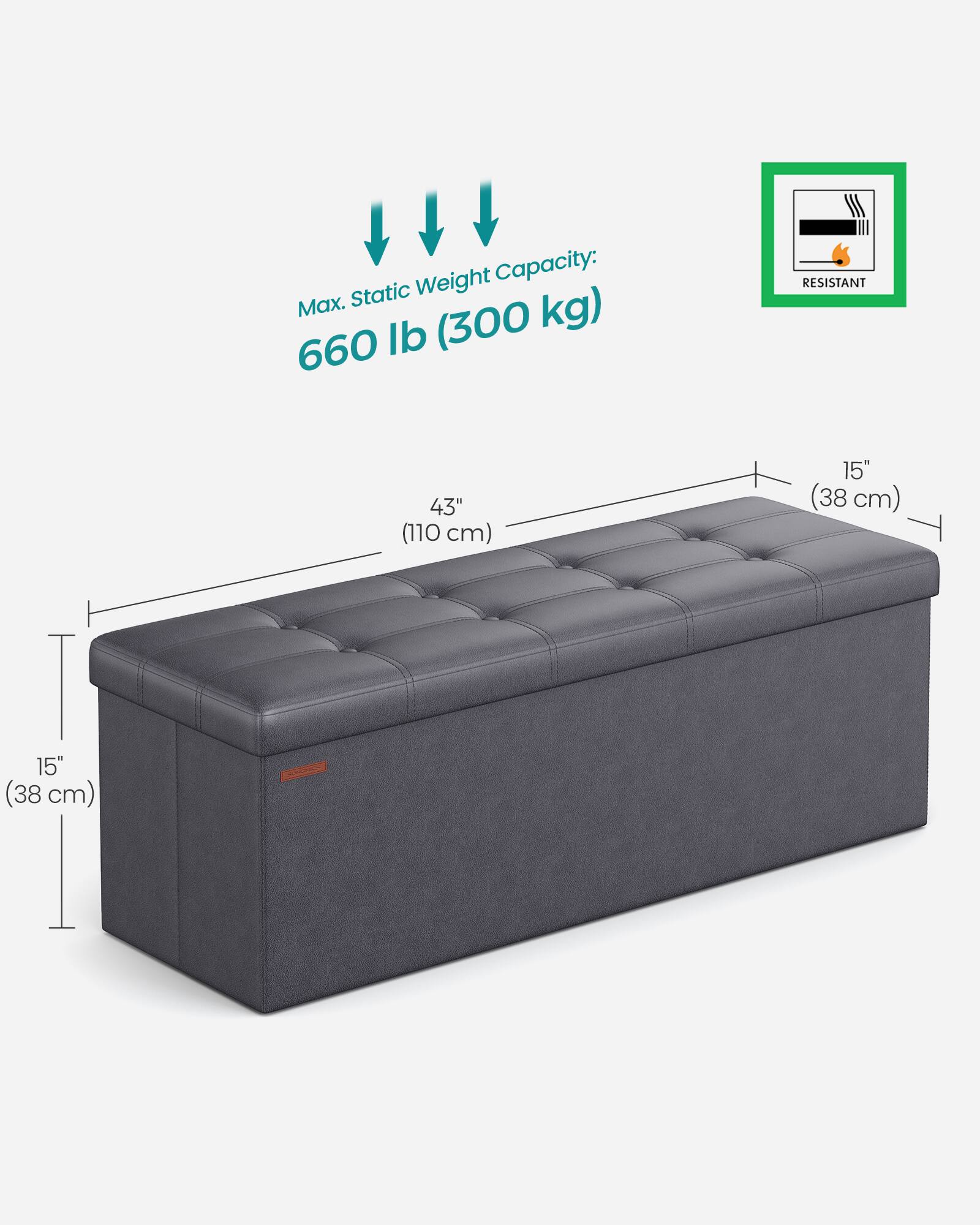 Weight Capacity: Max. Static Weight Capacity: 660 lb (300 kg)  
Dimensions: 43" (110 cm) x 15" (38 cm) x 15" (38 cm)