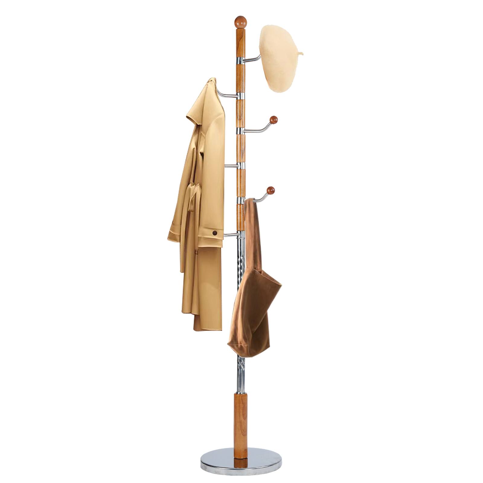 Front. Chateau Abodes - Solid Wood Coat Rack, Free Standing Rotating Coat Tree with 6 Hooks 180lbs Load, Stury Base - Walnuts Swivel Hook.