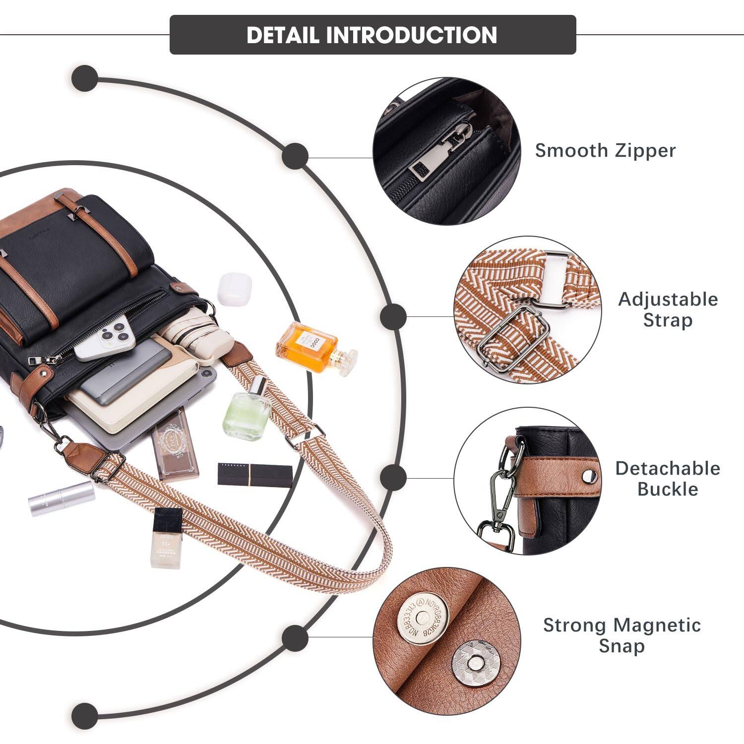 DETAIL INTRODUCTION

- Smooth Zipper
- Adjustable Strap
- Detachable Buckle
- Strong Magnetic Snap