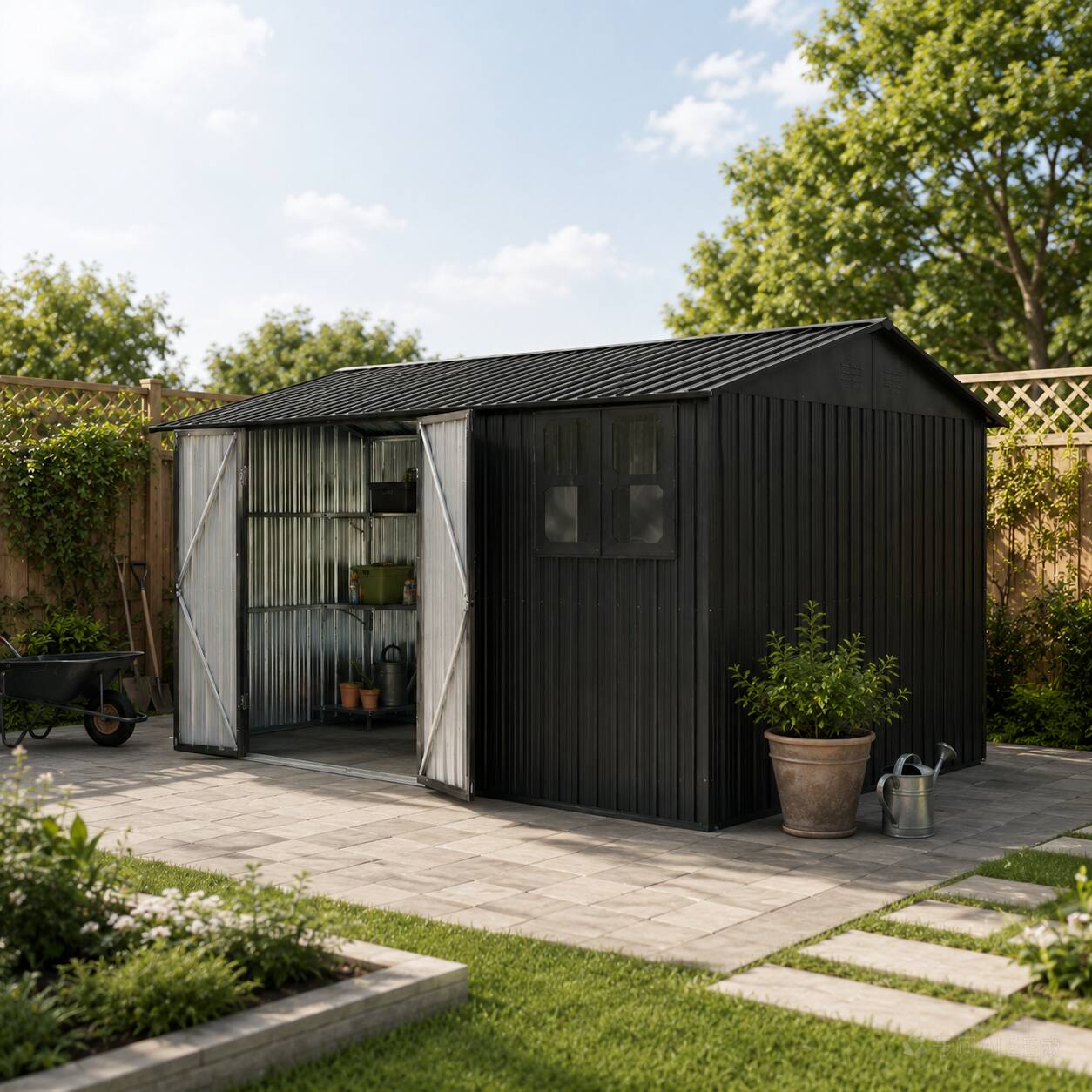 Angle. Anysun - 12x10 ft Metal Outdoor Storage Shed with Window, Includes Goods Shelves, Lamp Hanging Hole & Foldable Worktable - Black.