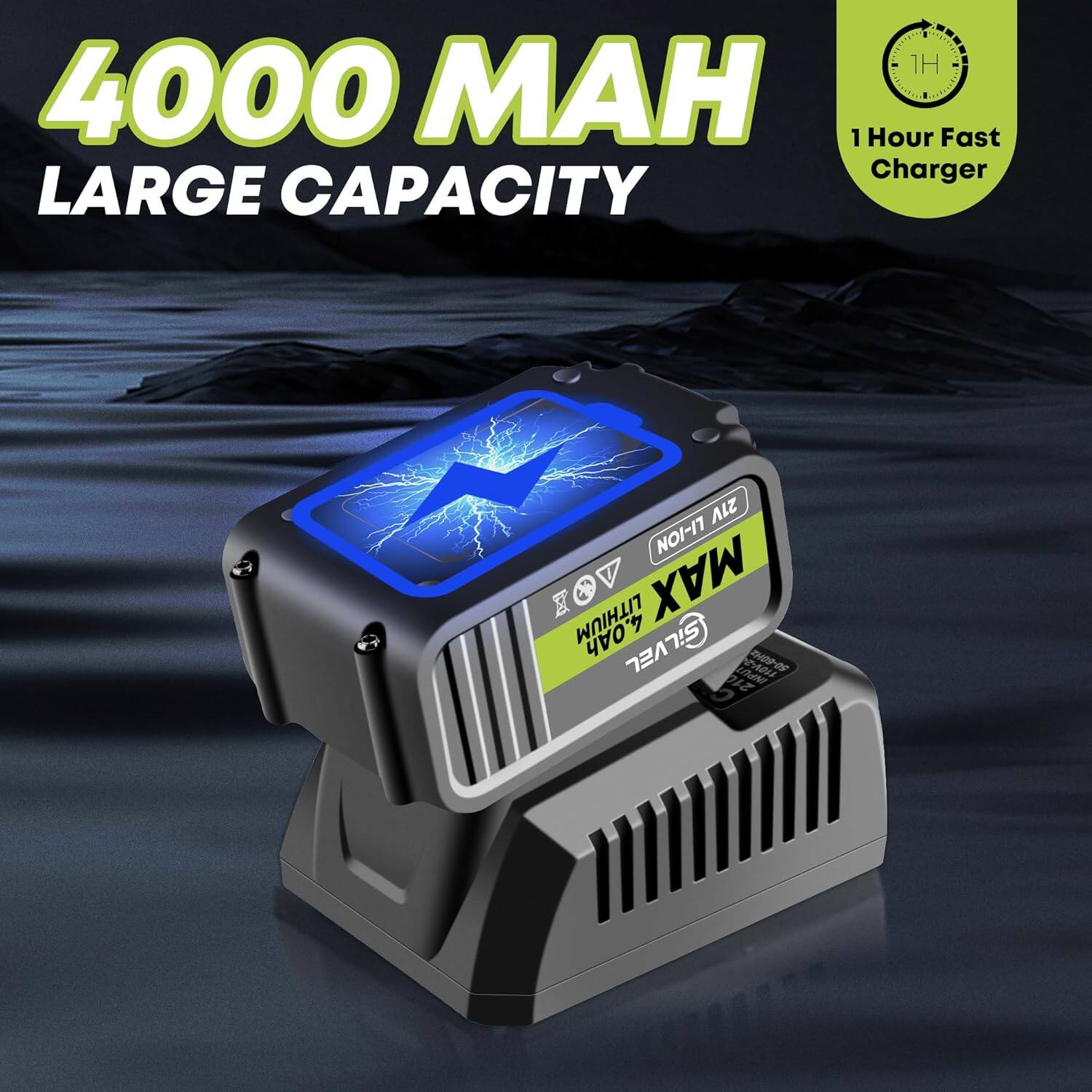 4000 MAH, 1 Hour Fast Charger, LARGE CAPACITY, 21V LI-ION x LITHIUM MAX, LVEL 7:5
