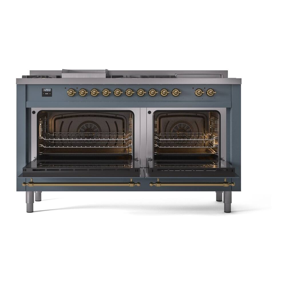 Alt View 5. ILVE - ILVE Nostalgie II Series 60 in. Dual Fuel Range with 7 Sealed Burners + Griddle (Liquid Propane, Brass Trim) - Blue Grey.