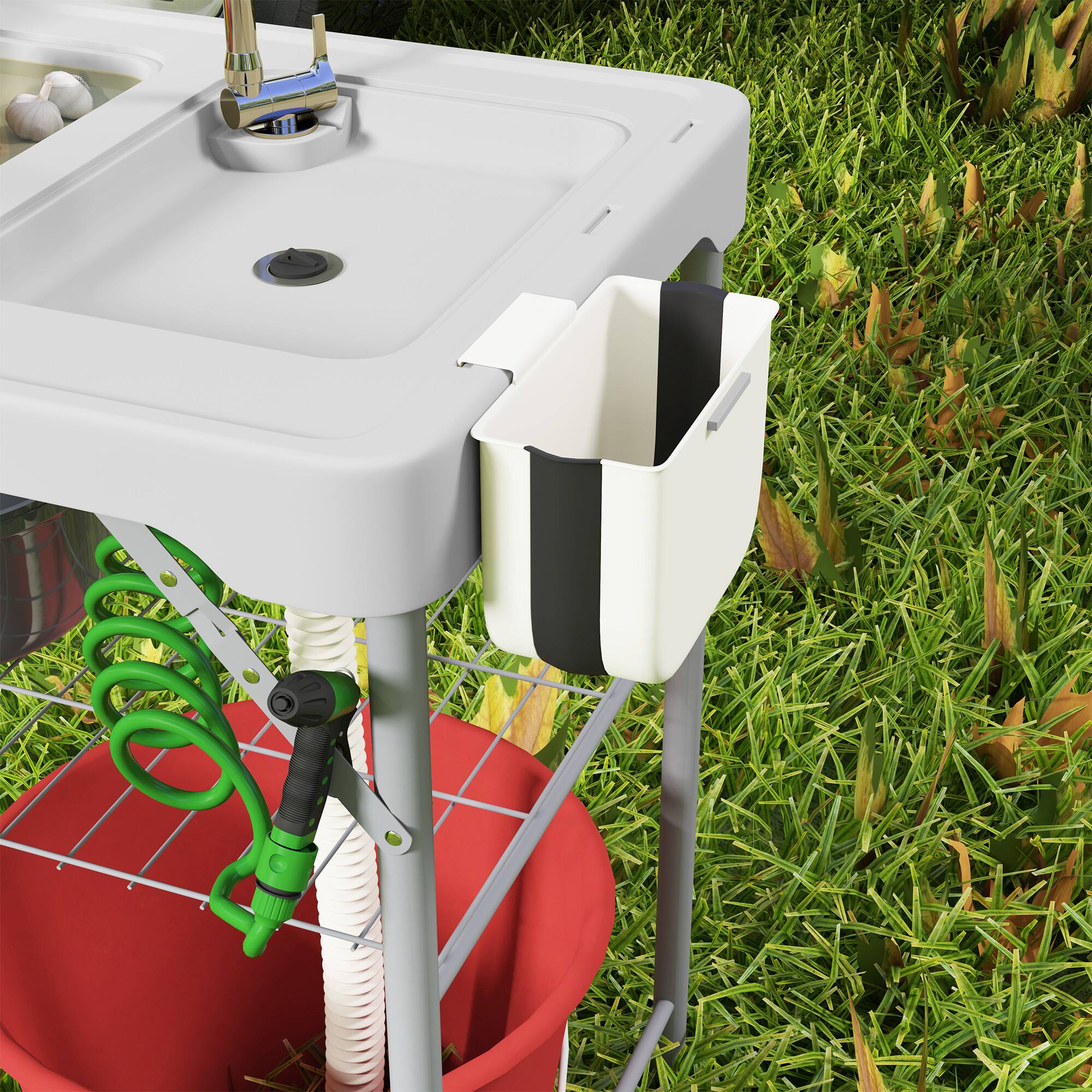 Alt View 8. Outsunny - Folding Fish Cleaning Table with Sinks, Portable Camping Sink Table with Faucet, Drainage Hose, Sprayer, Shelf - Gray.