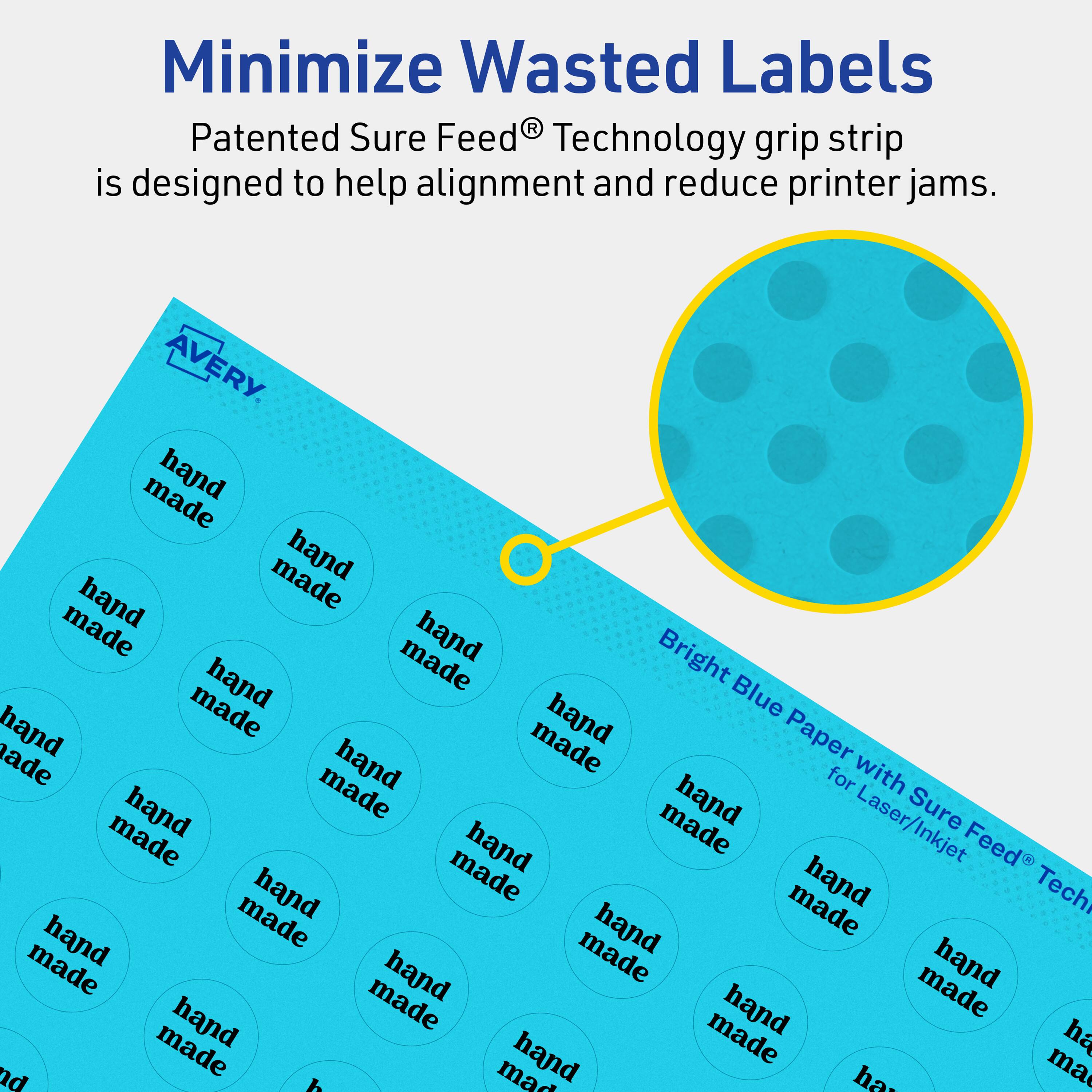 Minimize Wasted Labels

Patented Sure Feed® Technology grip strip is designed to help alignment and reduce printer jams.

AVERY

Bright Blue Paper with Sure Feed® Technology for Laser/Inkjet

hand made
