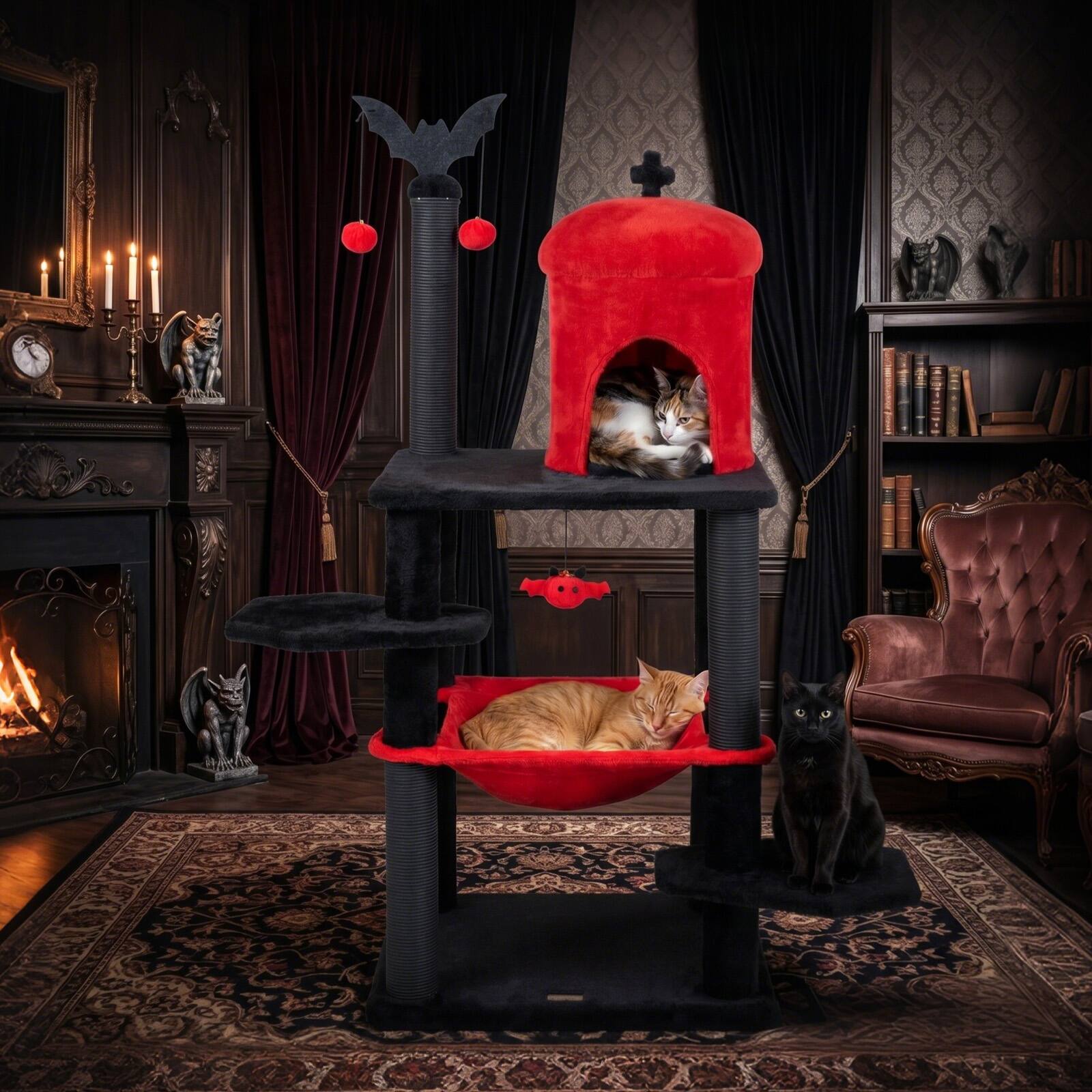 Alt View 4. Gymax - Gymax Gothic Cat Tree for Indoor Cats 51'' Spooky Cat Tower w/Castle House Hammock Red & Black - Red.