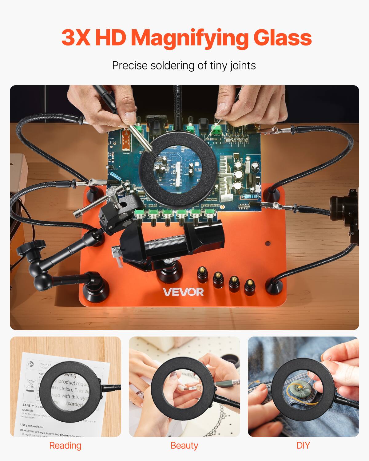 3X HD Magnifying Glass  
Precise soldering of tiny joints  

Va a SRAEN Imi VEVOR maring . mabure Comp owing product requi an Union. This a ked with this - yn De scarded SAFETY INST RNS - A : - - - To - - - Uee precautions 1 PREVEINT I SERGUS BUURY - N00 ST AN - aPe - -a Reading Beauty DIY
