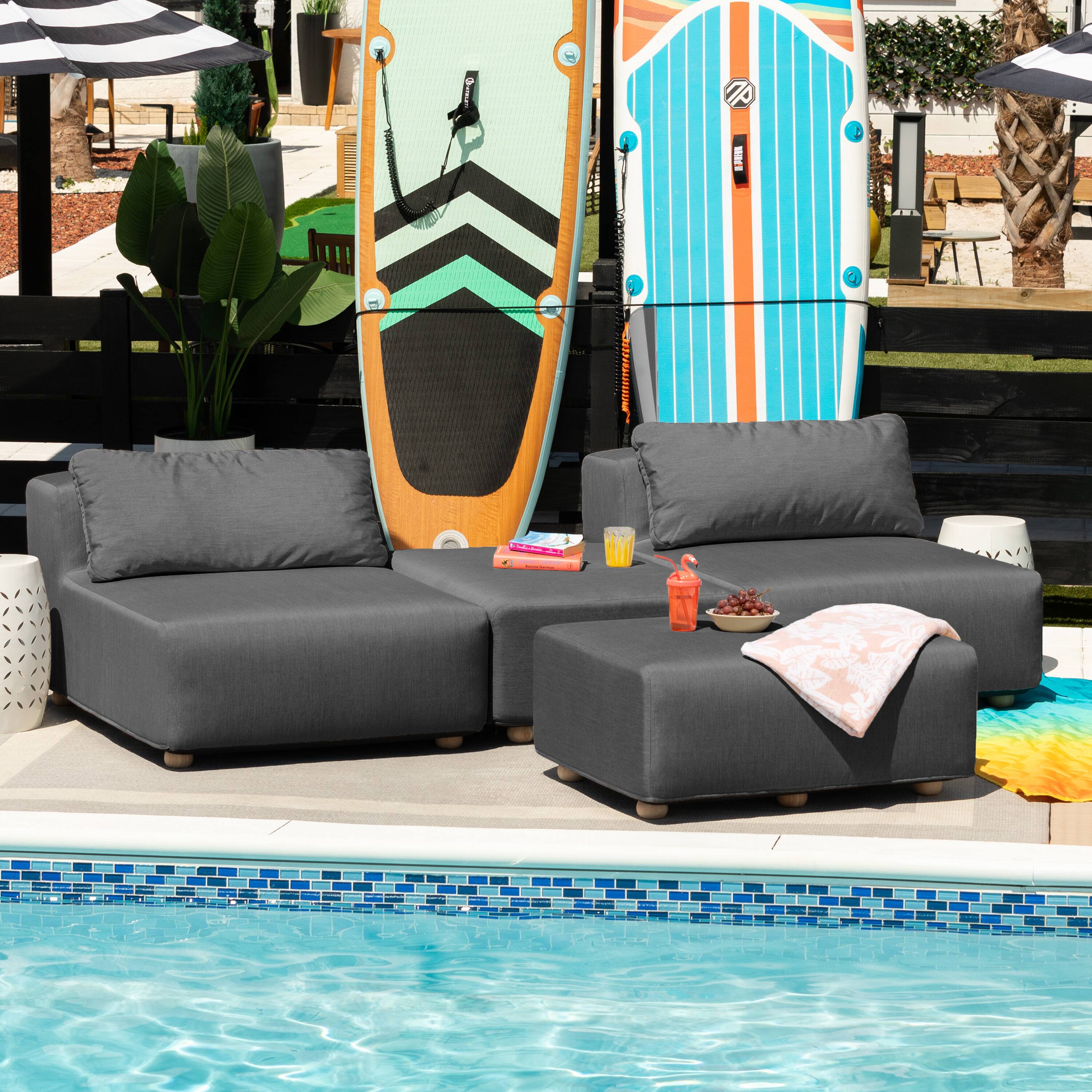 Left. Jaxx - Jaxx Vada Outdoor Sun Lounger Luxury Modular Chaise & Ottoman w/ Sunbrella Fabric & Waterproof Cover, Sunbrella Charcoal - Charcoal.