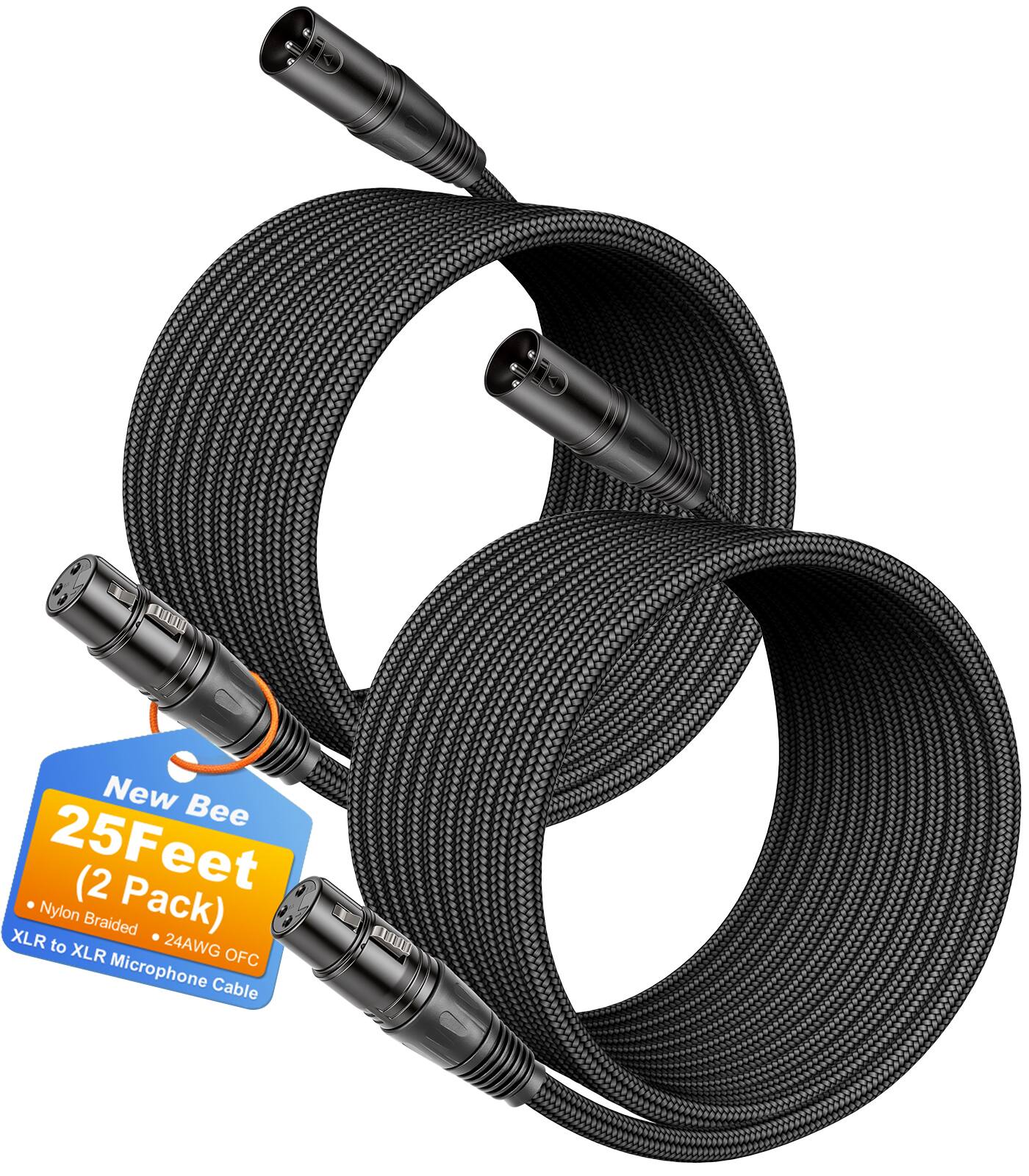 New Bee 25Feet (2 Pack) Nylon Braided XLR to 24AWG XLR OFC Microphone Cable