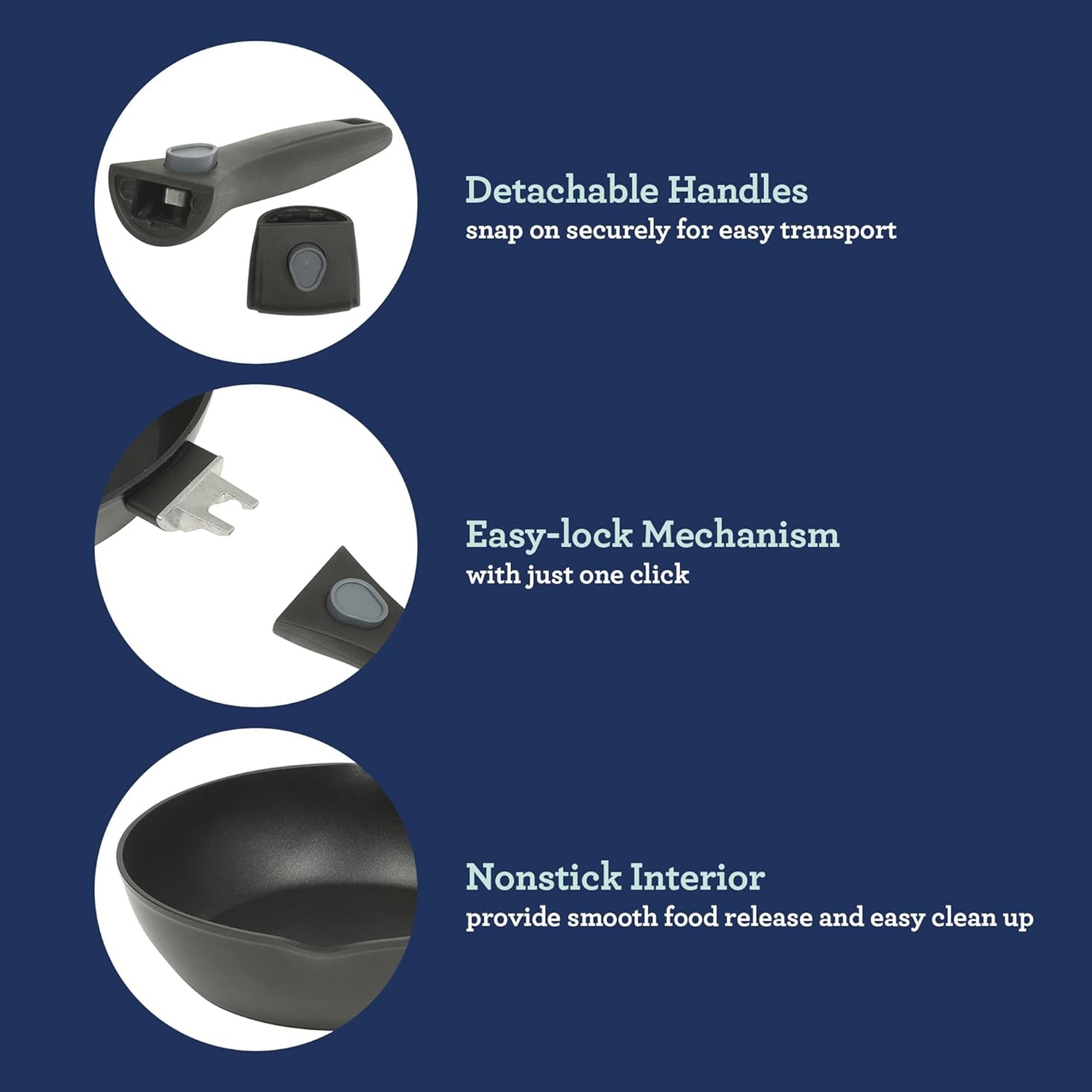Detachable Handles snap on securely for easy transport  
Easy-lock Mechanism with just one click  
Nonstick Interior provide smooth food release and easy clean up