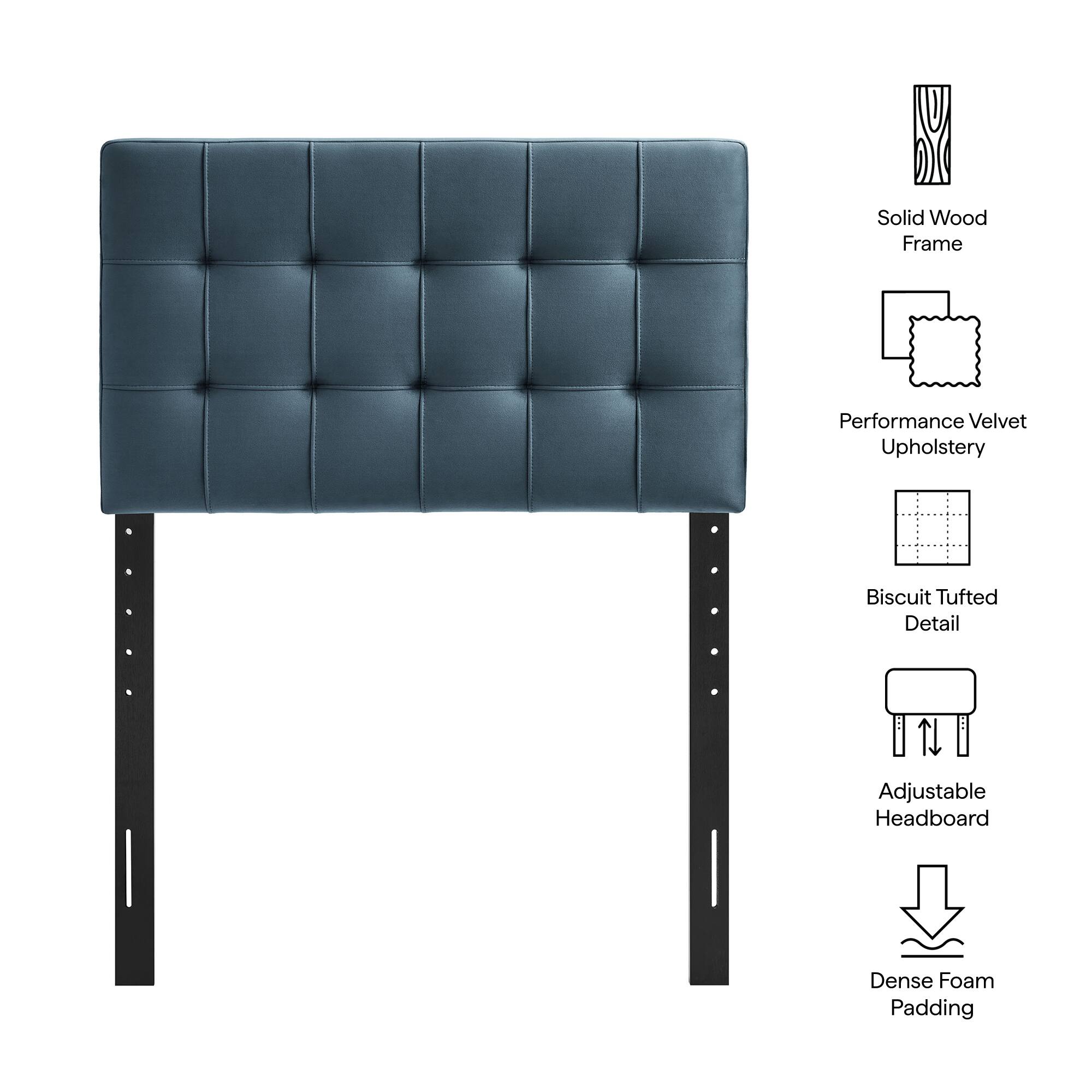 Solid Wood Frame  
Performance Velvet Upholstery  
Biscuit Tufted Detail  
Adjustable Headboard  
Dense Foam Padding